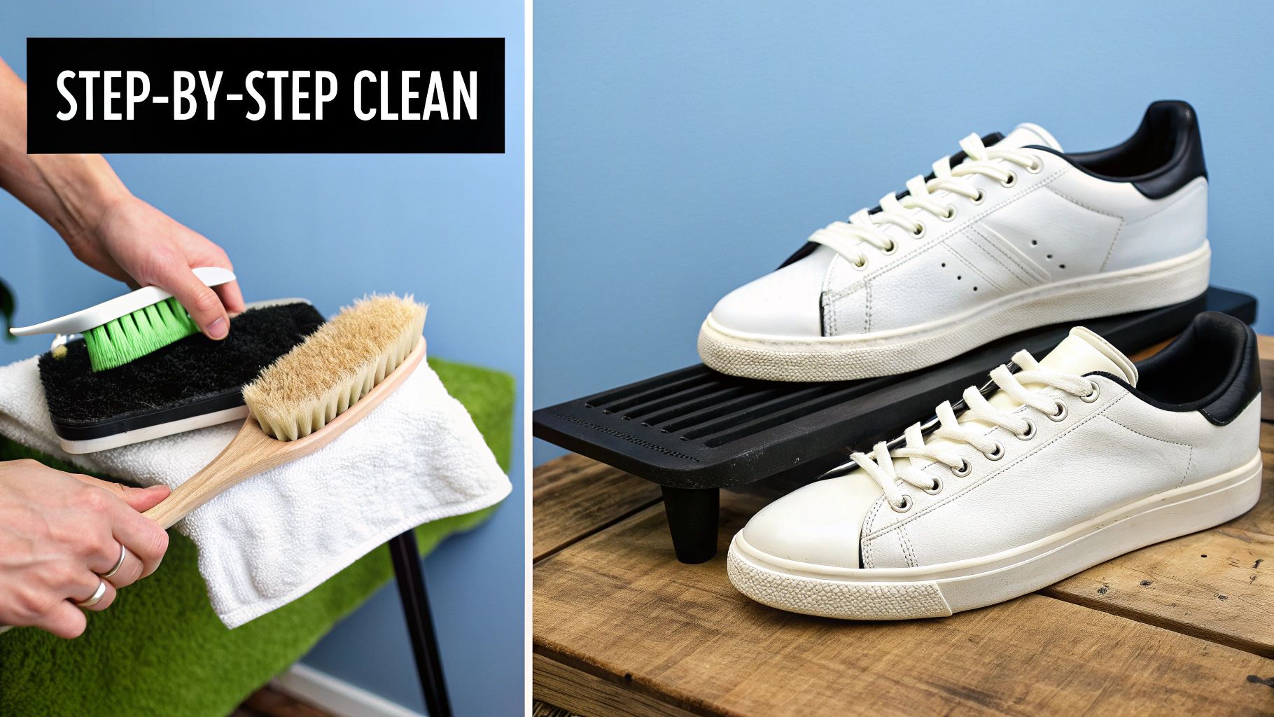 Hands cleaning a shoe with brushes, demonstrating a step-by-step process, alongside a pair of sparkling clean white sneakers.