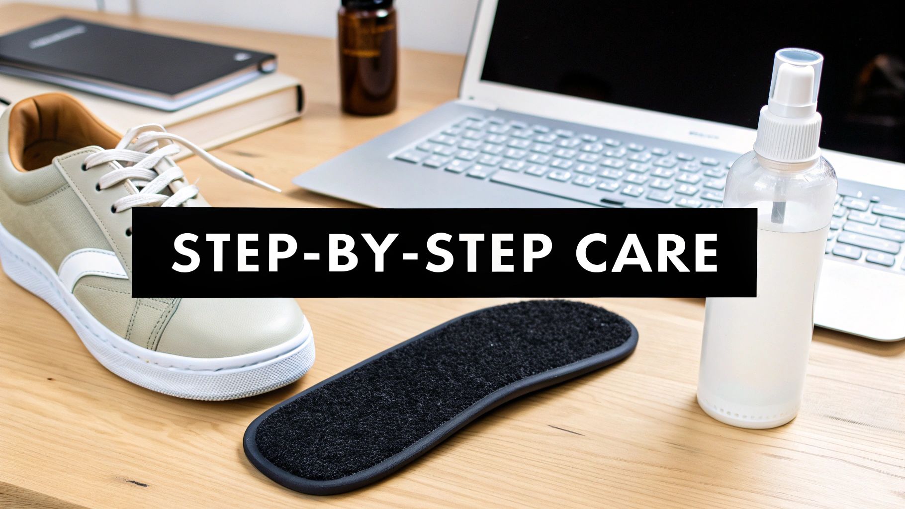 A beige sneaker, black shoe insert, and spray bottle on a wooden desk with "STEP-BY-STEP CARE" text.