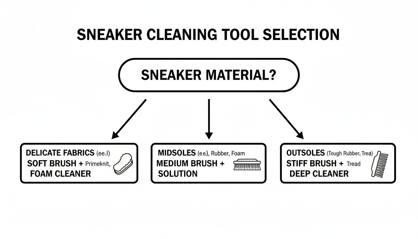 A diagram illustrates sneaker cleaning tool selection, recommending specific brushes and cleaners for delicate fabrics, midsoles, and outsoles.