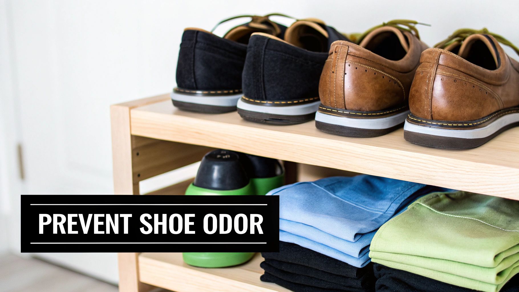 A wooden shoe rack holds brown and black shoes, folded clothes, and shoe deodorizers, with text 'PREVENT SHOE ODOR'.
