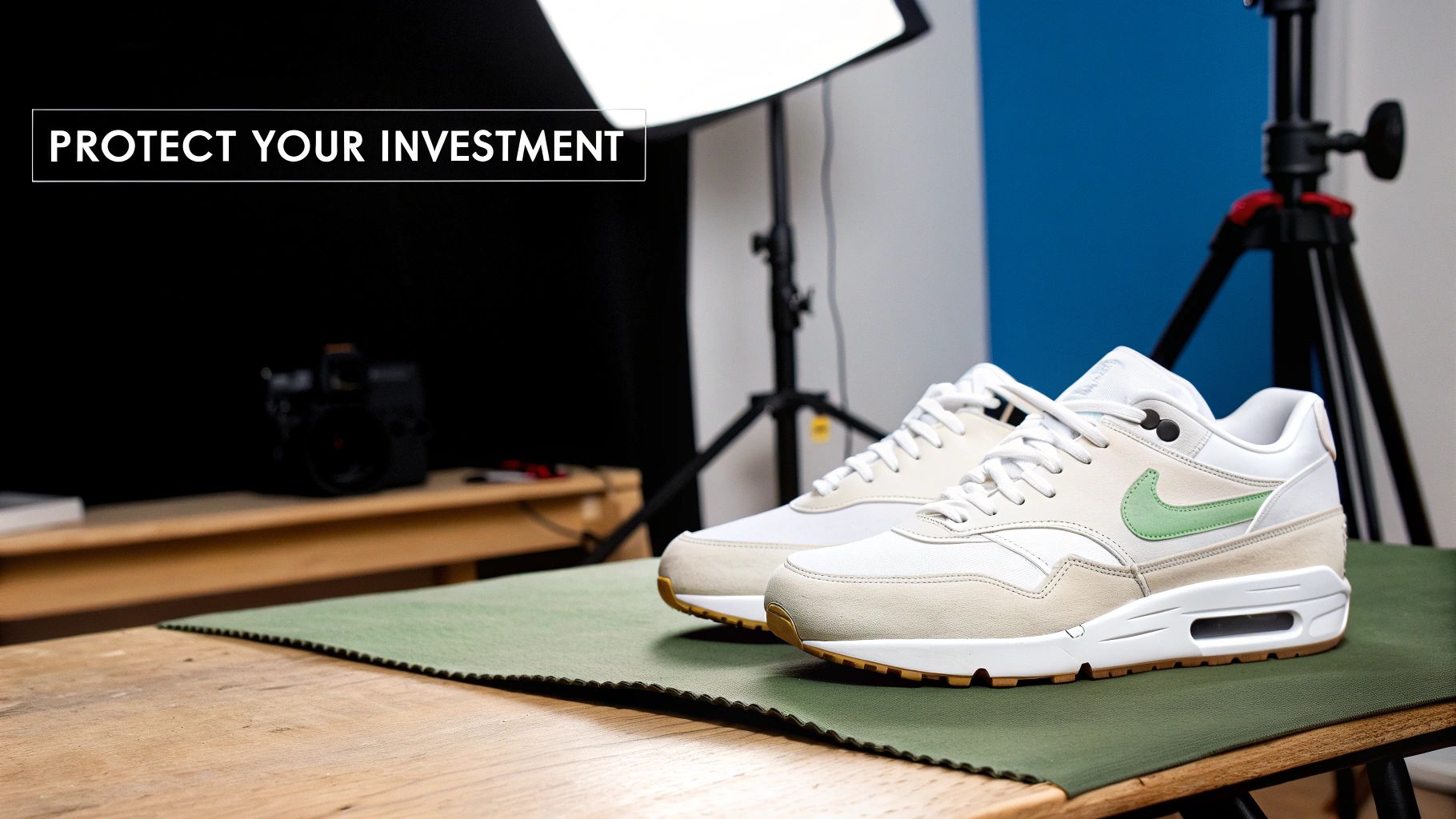 A pair of clean white and beige Nike Air Max sneakers with a green swoosh, presented in a studio for protection.