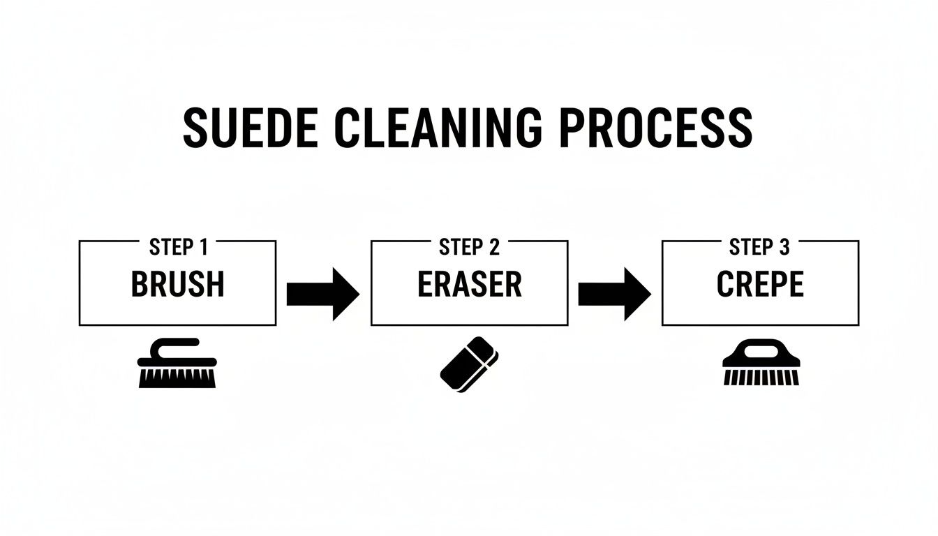 Diagram illustrating the suede cleaning process with three steps: brush, eraser, and crepe.