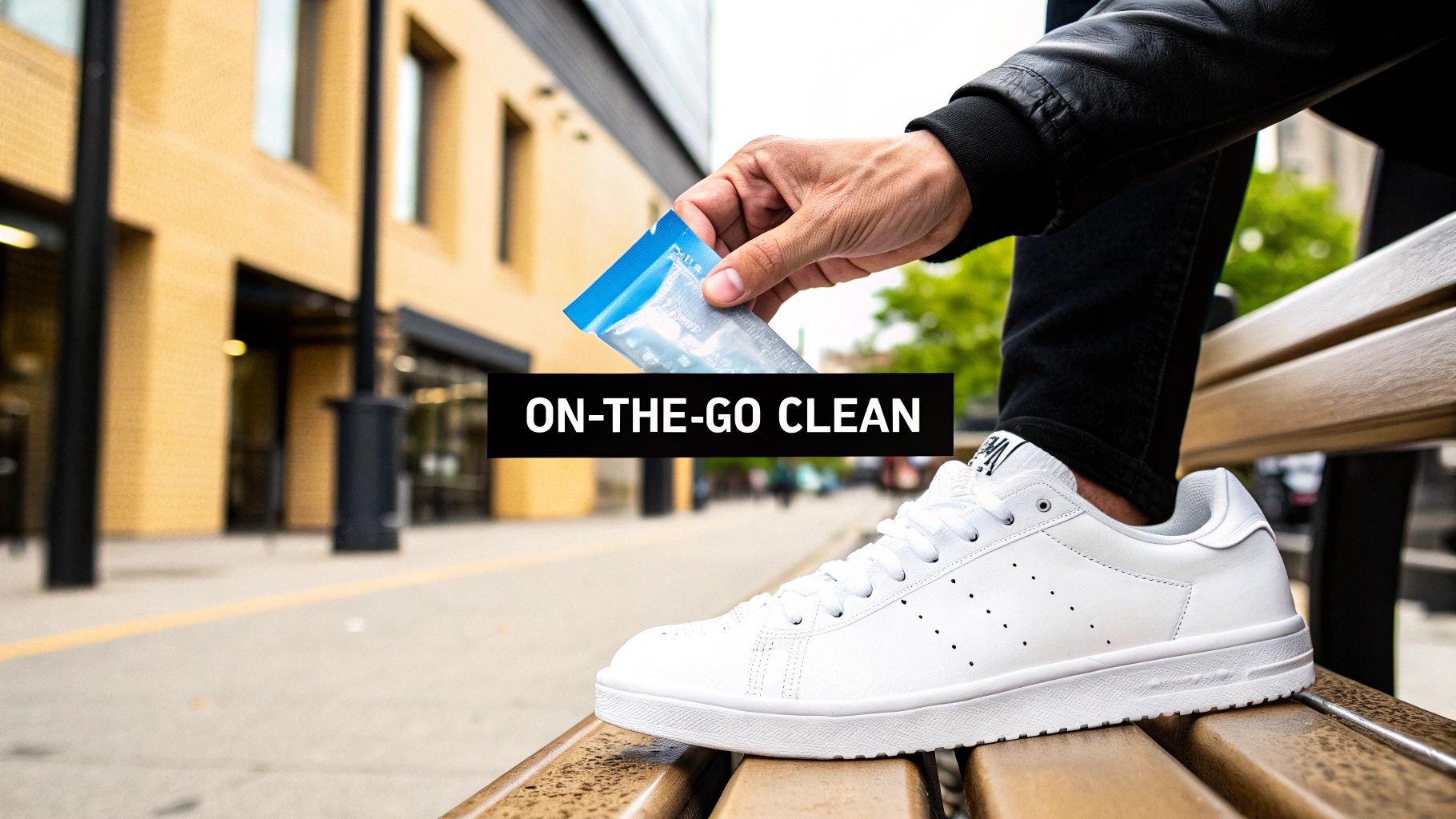 A person holds an on-the-go cleaning wipe packet over a clean white sneaker on a bench.