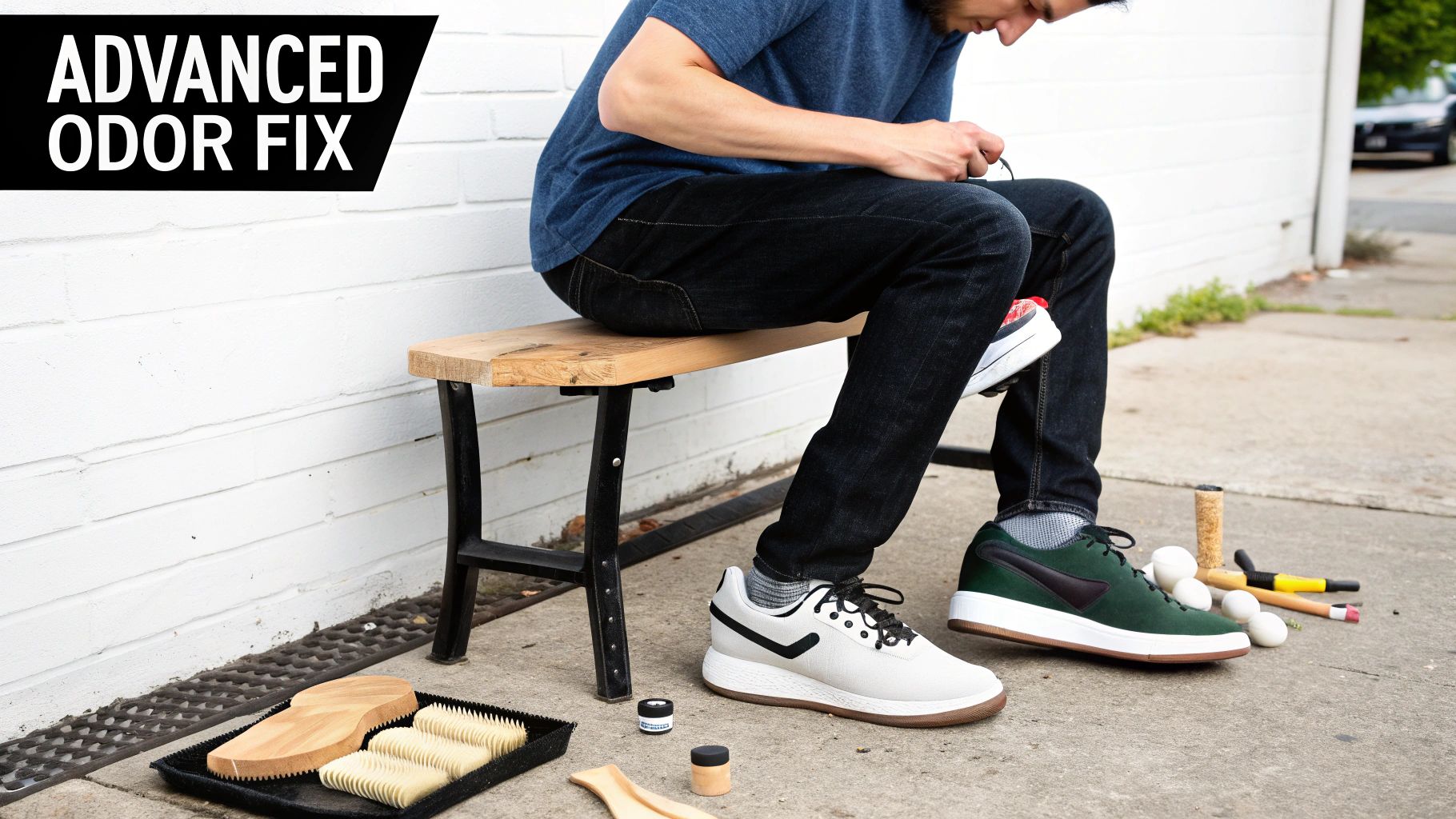 A person sits on a bench, cleaning shoes with odor-fixing products and brushes outdoors.