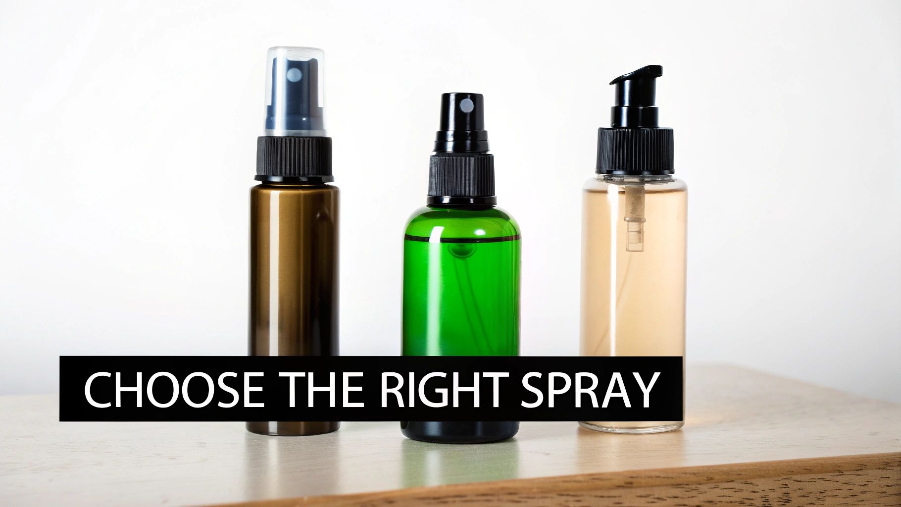 Three different colored spray bottles, one brown, one green, and one clear, on a white background.