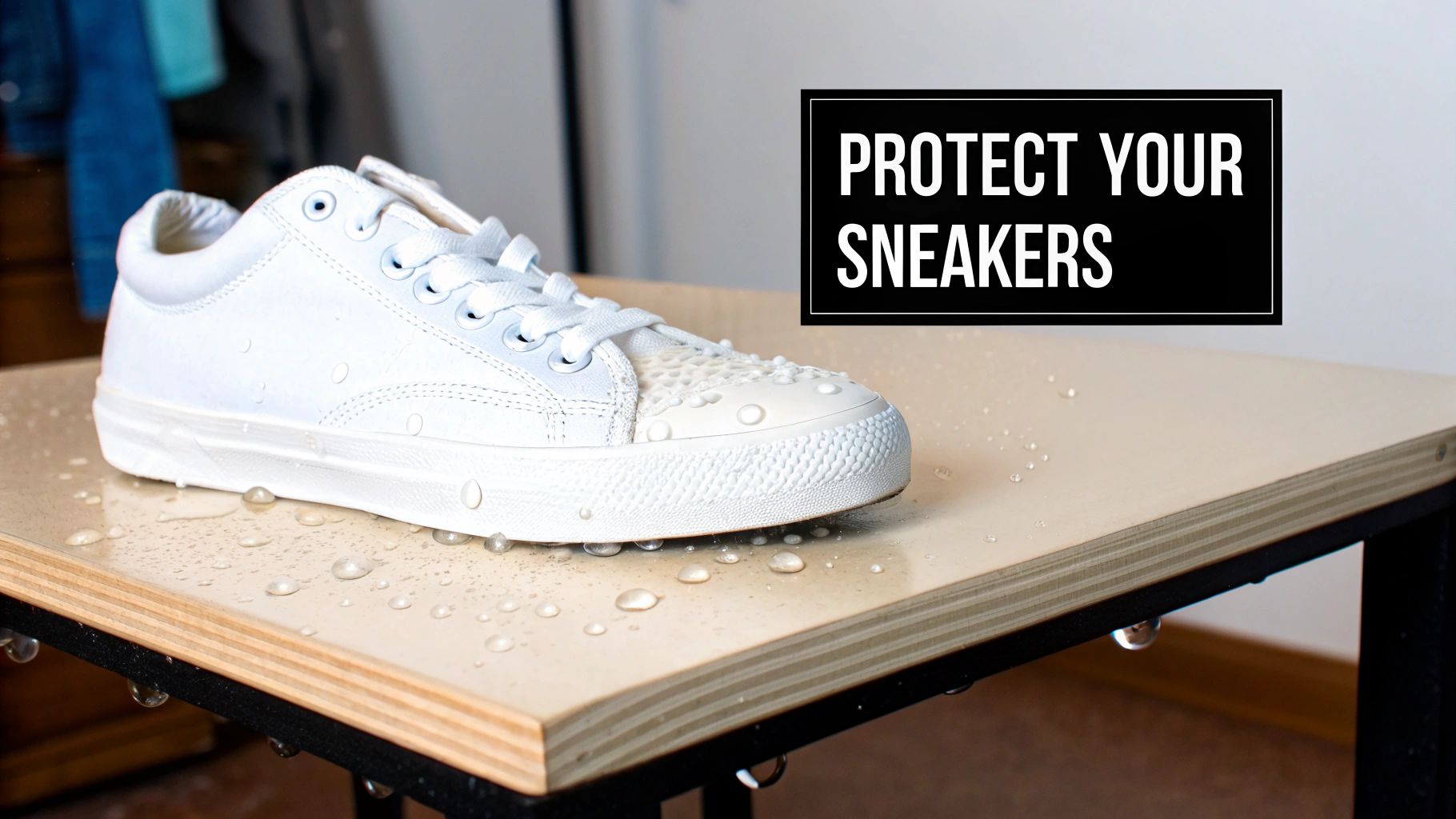 A white canvas sneaker with water droplets on its surface and on a wooden table, demonstrating waterproofing.