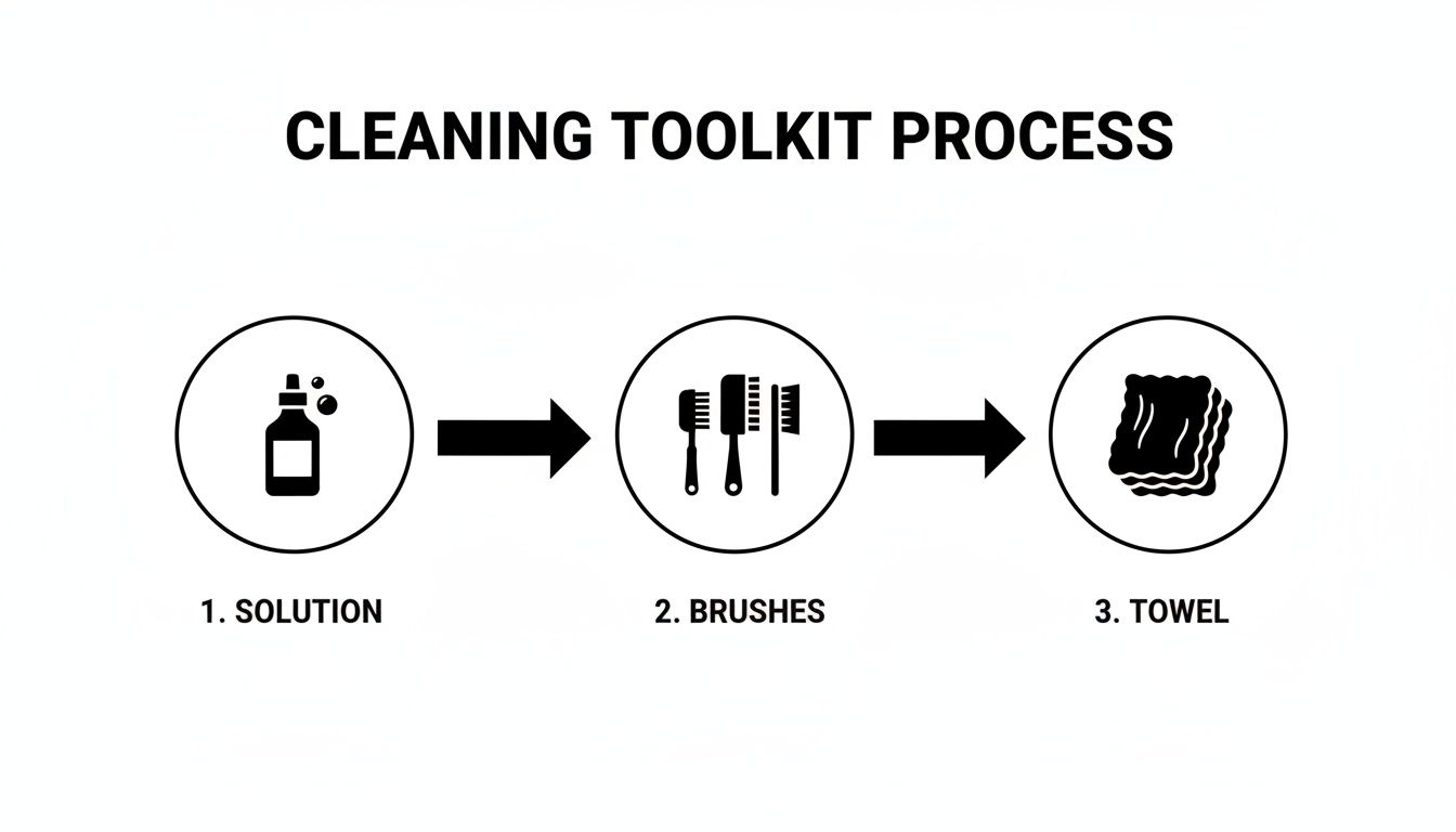 A diagram illustrating a three-step cleaning toolkit process, showing solution, brushes, and towel.