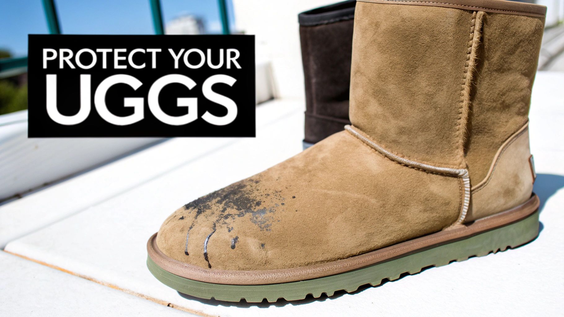 Close-up of a dirty tan UGG boot, highlighting the need for protection against stains, with 'PROTECT YOUR UGGS' text.