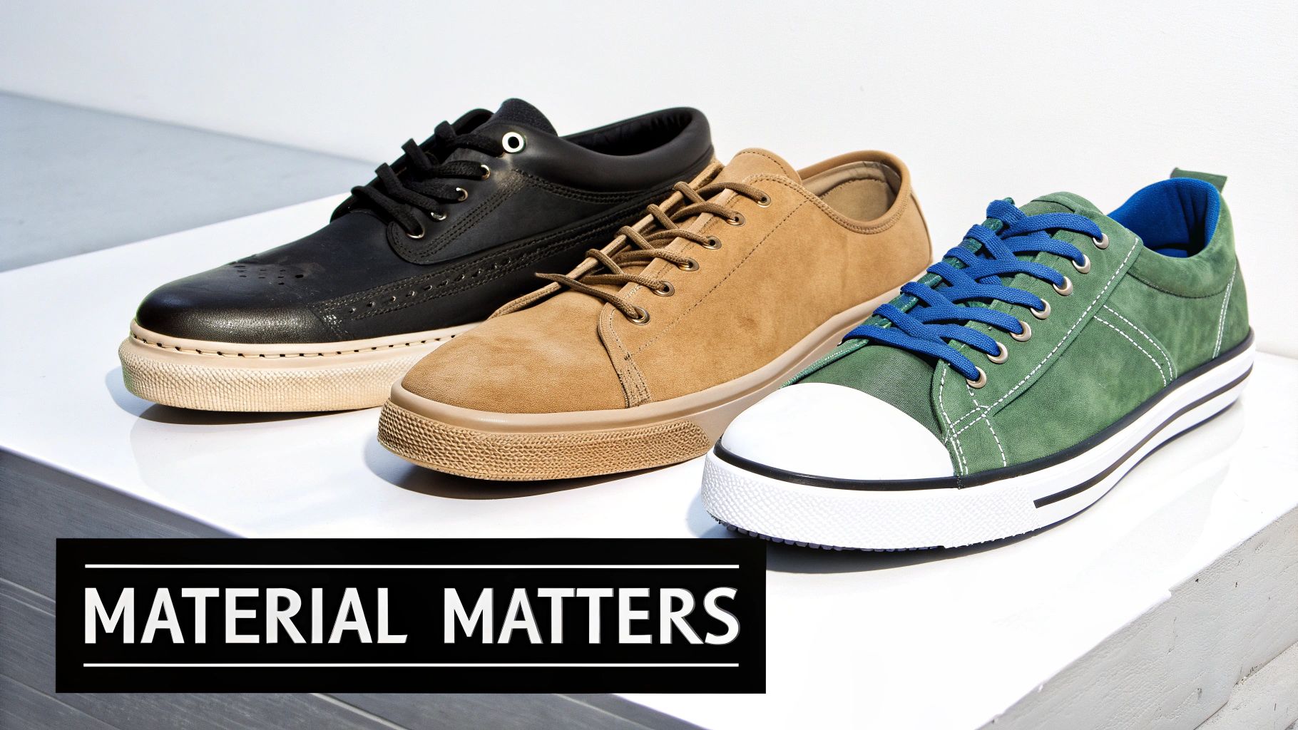 Three pairs of men's casual shoes, black, tan suede, and green, displayed on a white surface.