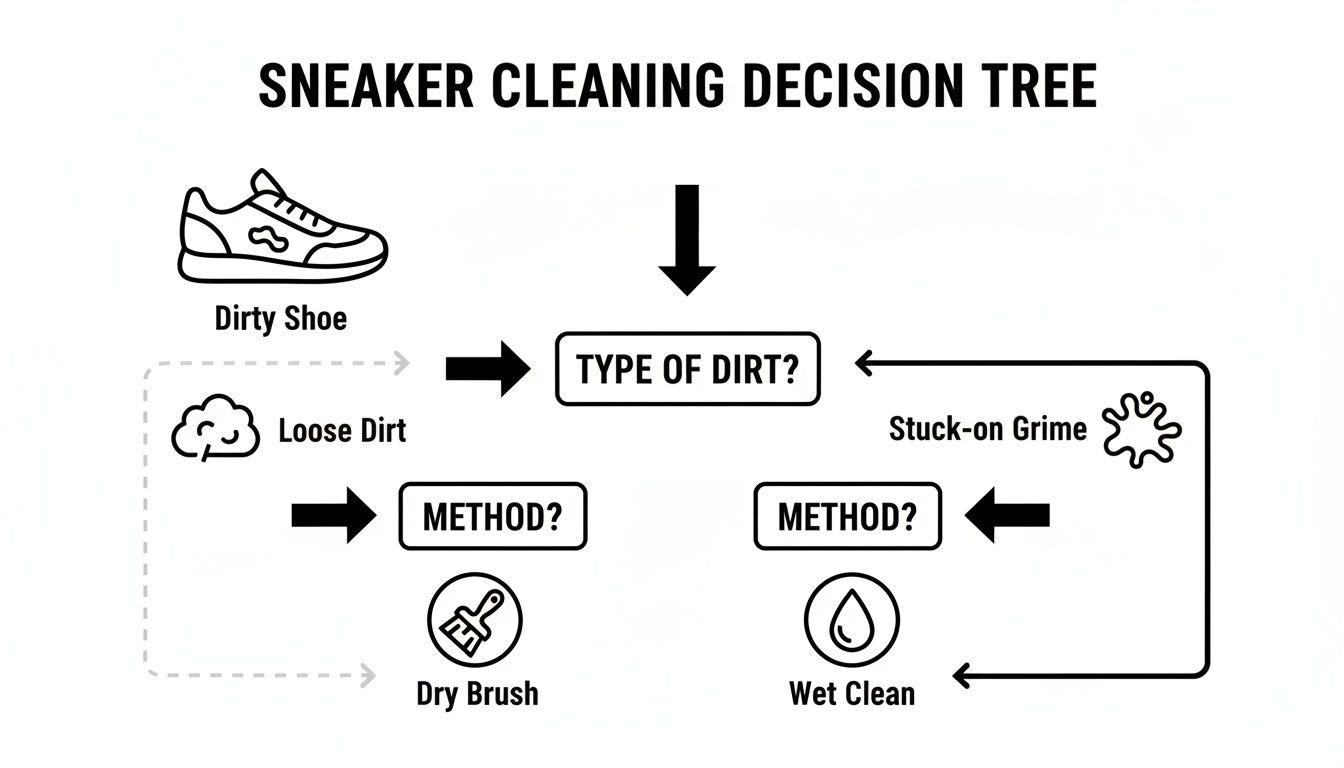 A sneaker cleaning decision tree flowchart outlining steps for cleaning dirty shoes based on loose dirt or stuck-on grime.