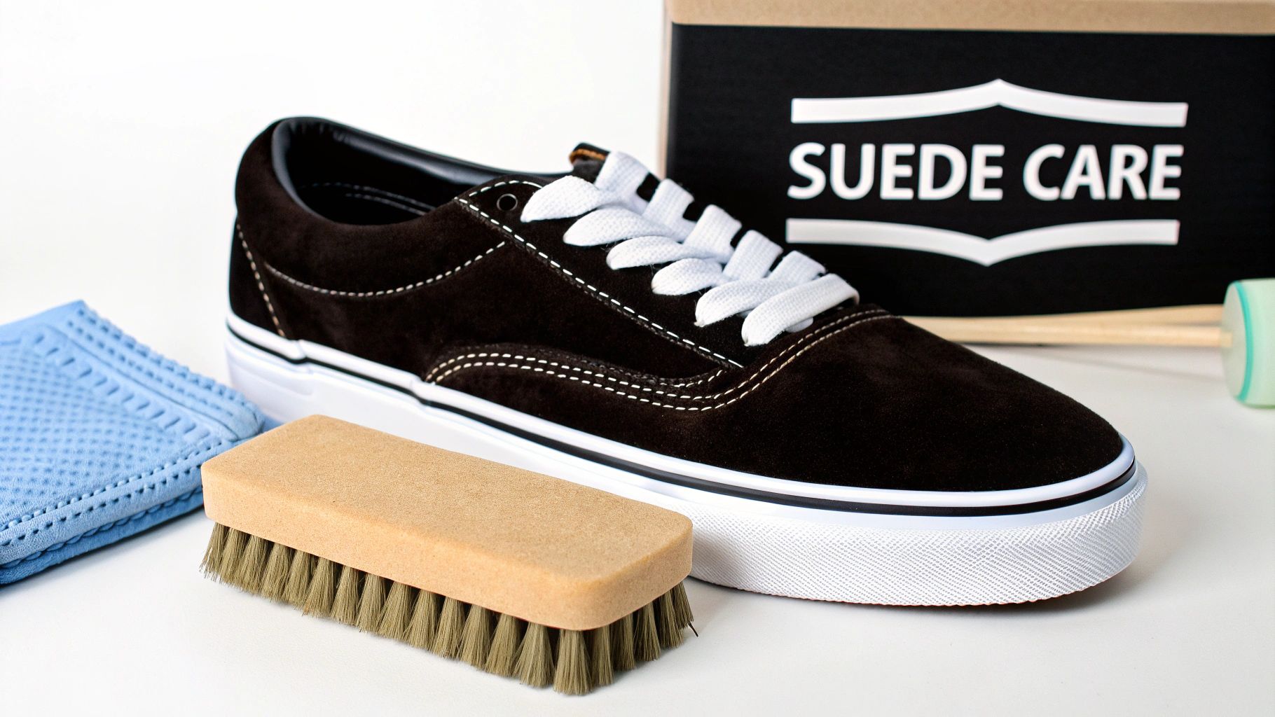 A dark brown suede Vans shoe with white laces and sole, alongside a suede brush, cloth, and 'Suede Care' box.