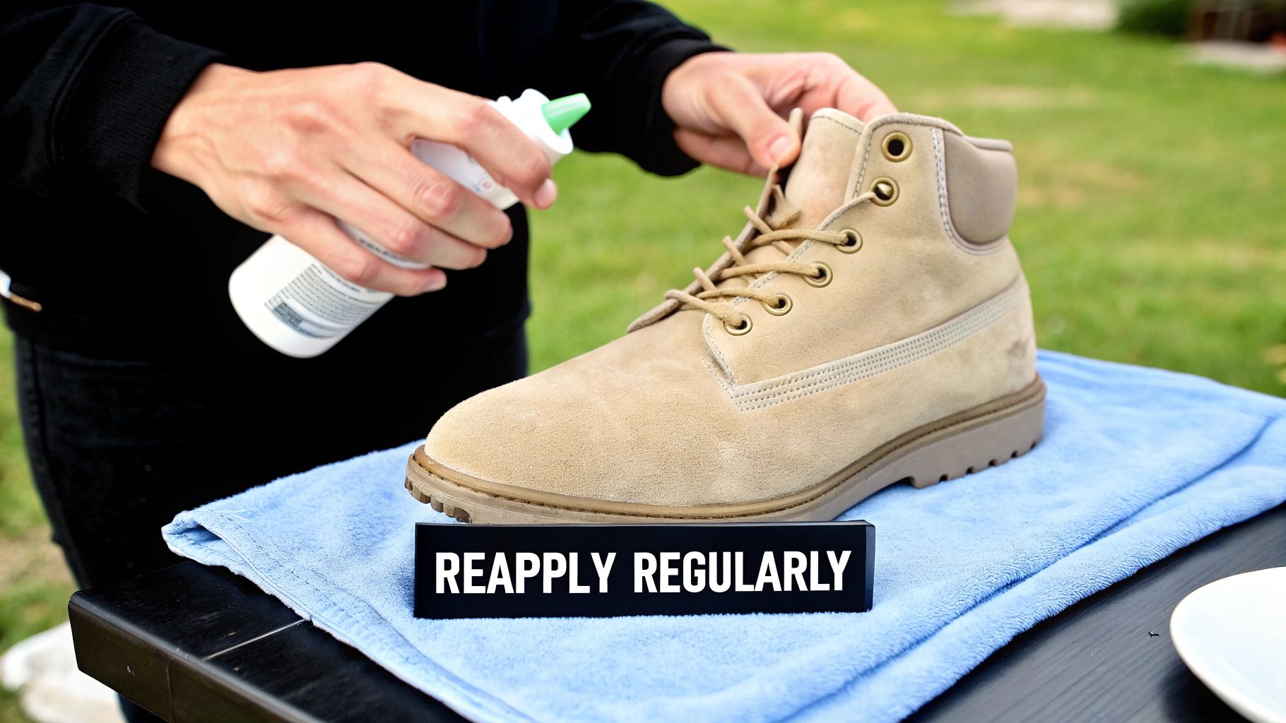 Person applying water repellent spray to a tan suede boot, placed on a blue towel outdoors.