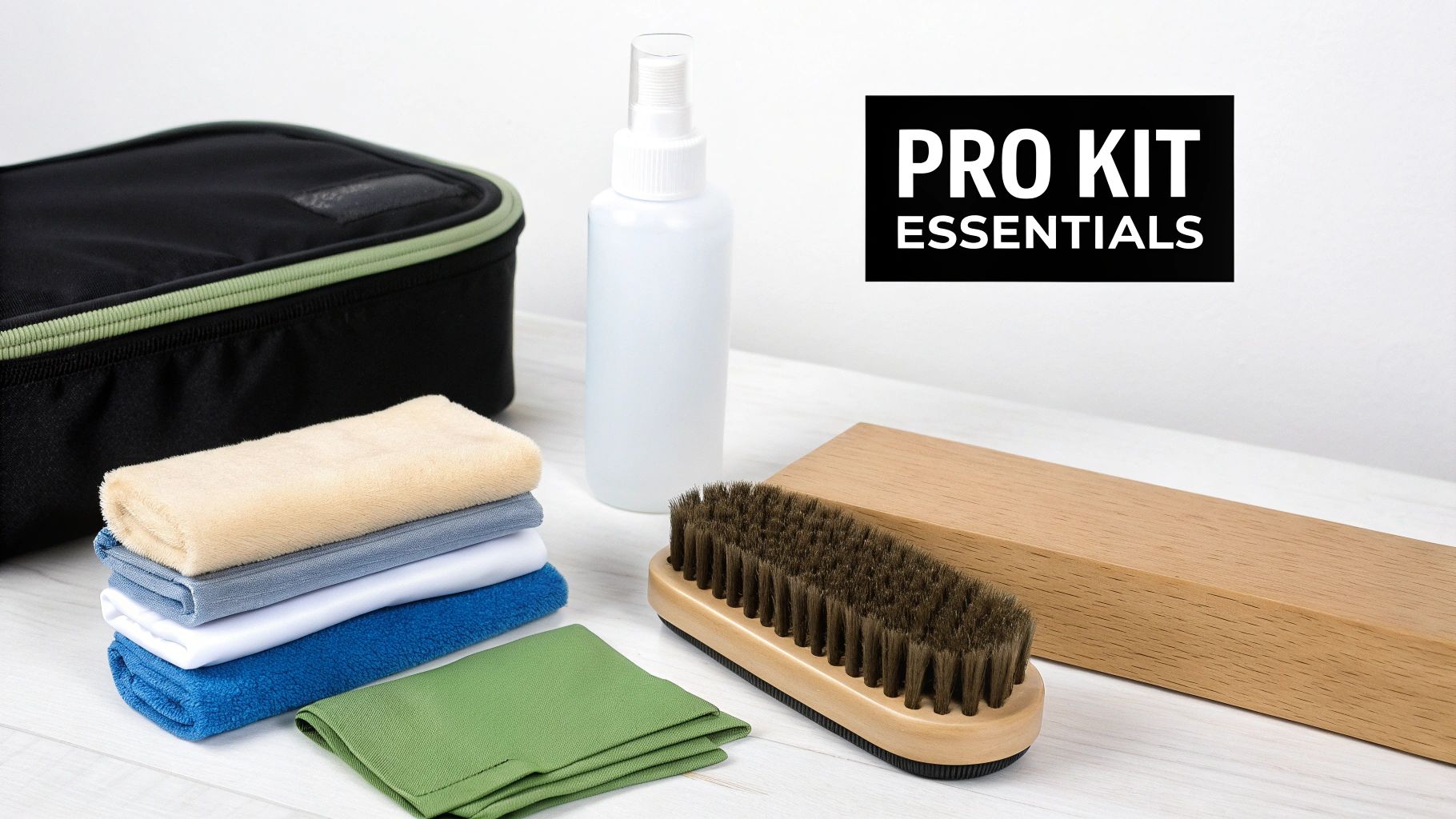 A collection of shoe cleaning essentials including a brush, spray bottle, microfiber cloths, and a bag.