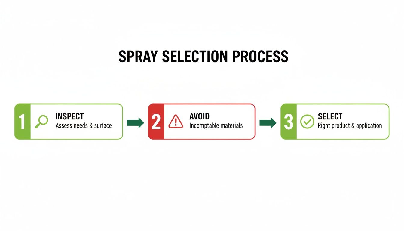 An infographic detailing the three-step spray selection process: inspect, avoid, and select.