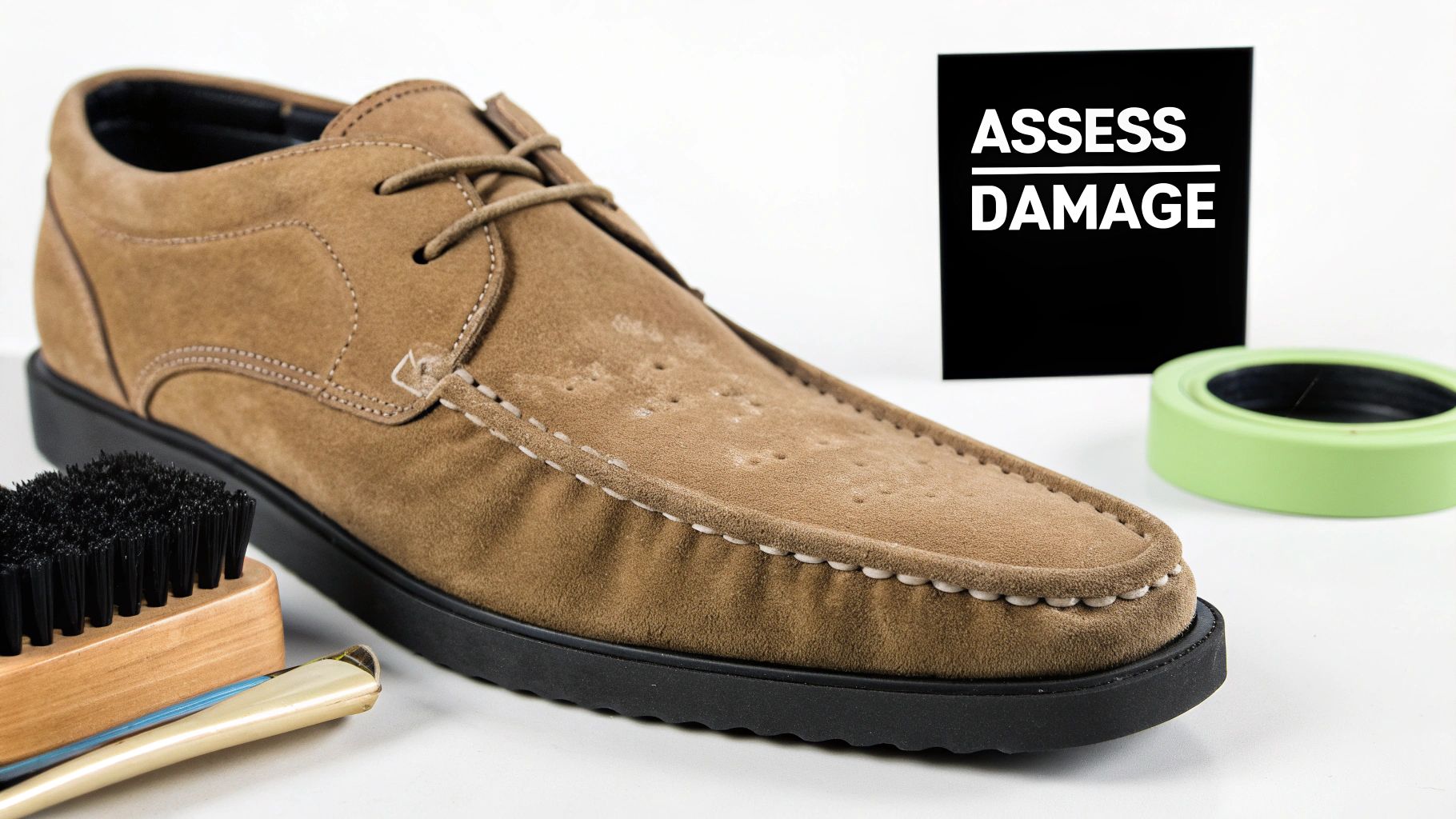 Tan suede shoe, cleaning brush, shoehorn, and a black sign saying 'ASSESS DAMAGE' on a white background.