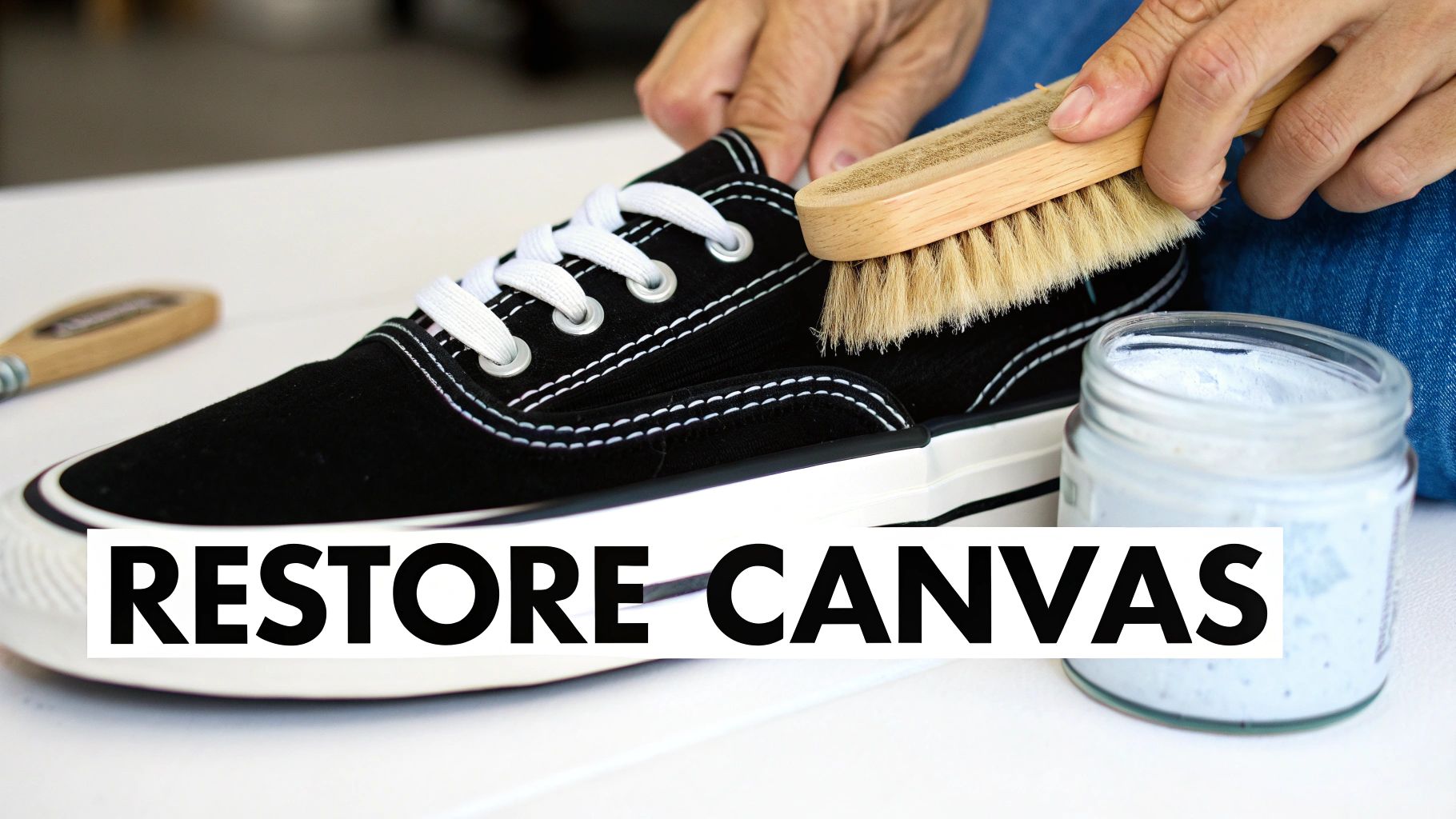 A person cleaning a black canvas shoe with white laces using a wooden brush and a jar of cleaning solution.