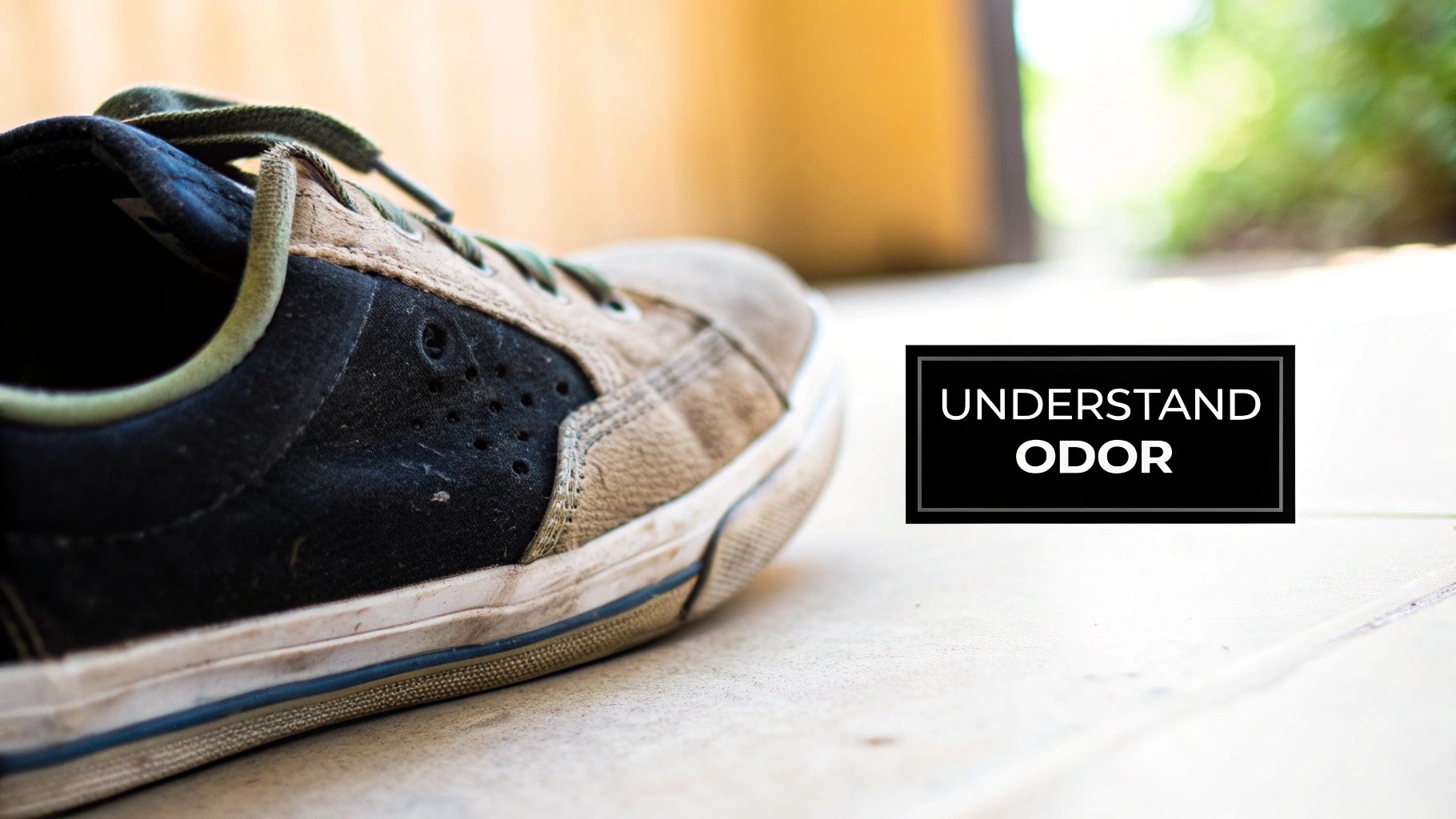 A close-up of a worn, dirty athletic shoe on a light-colored surface with a 'Understand Odor' text box.