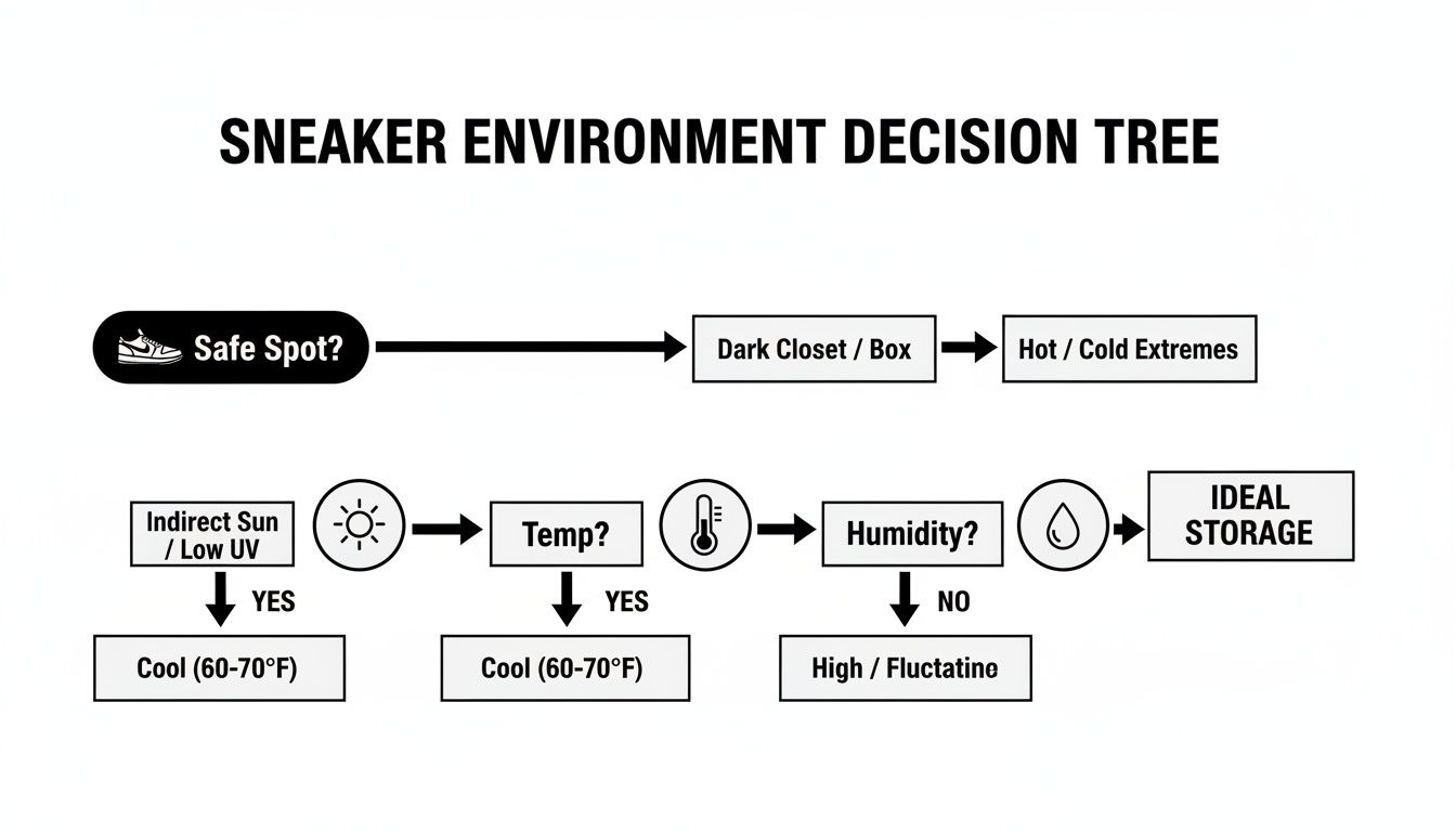A decision tree flowchart guiding users on optimal environmental conditions for storing sneakers safely.