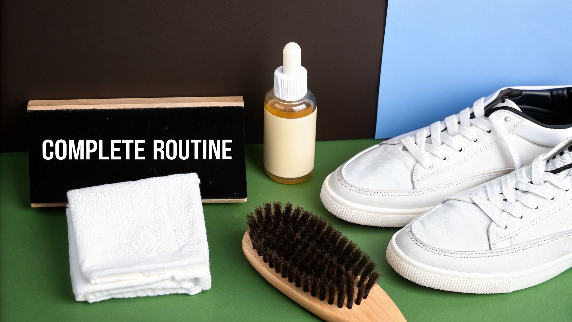 A complete shoe cleaning routine kit with white sneakers, cleaning solution, brush, and cloths.