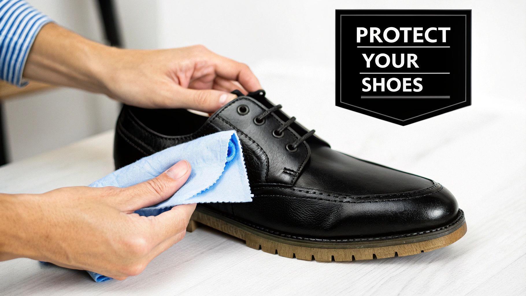 A person's hands cleaning a black leather shoe with a blue cloth, next to a 'Protect Your Shoes' graphic.