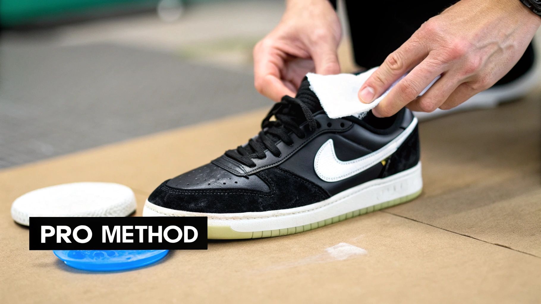 A person carefully cleans a black and white Nike sneaker with a white cloth, showcasing 'PRO METHOD' shoe care.
