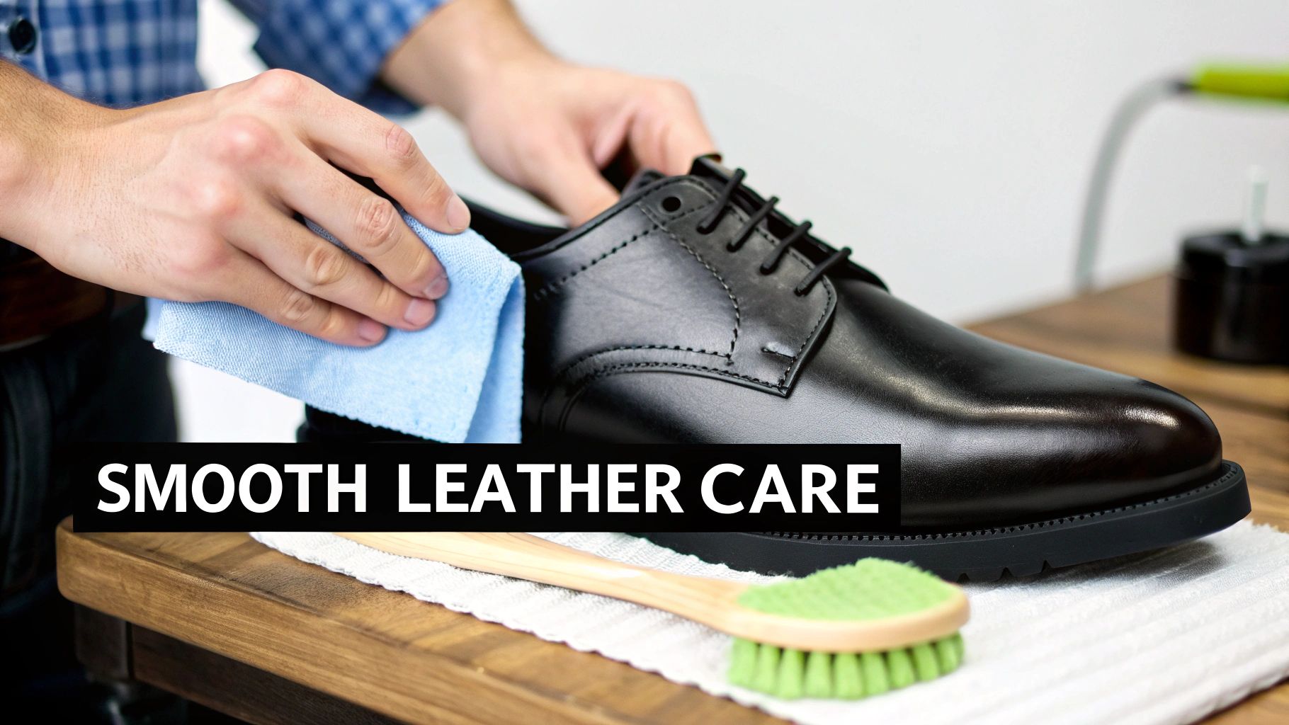 A person's hands gently cleaning a black leather dress shoe with a blue cloth on a wooden surface, alongside a shoe brush.