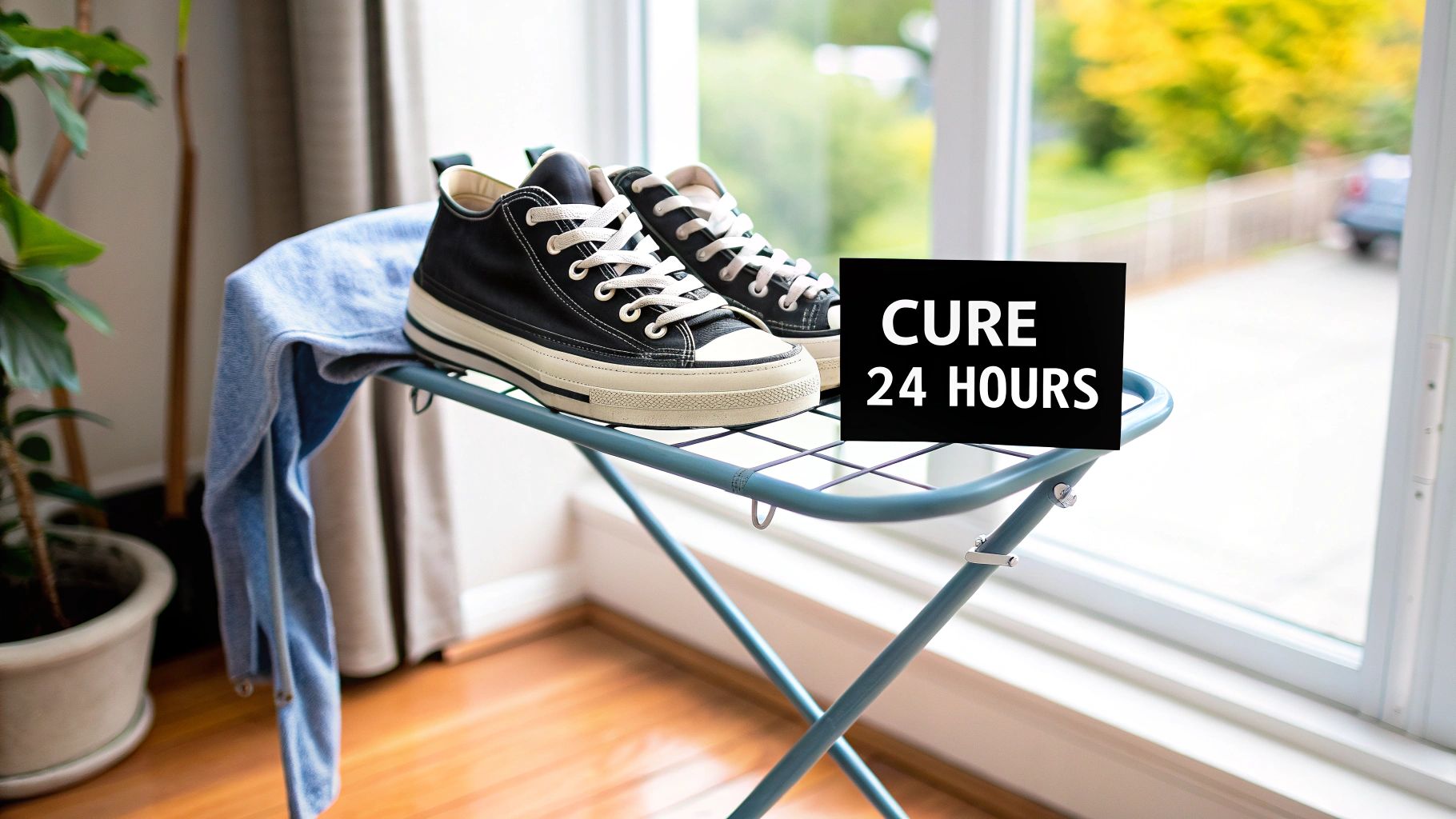Black canvas sneakers drying on a blue rack next to a 'CURE 24 HOURS' sign, inside by a window.