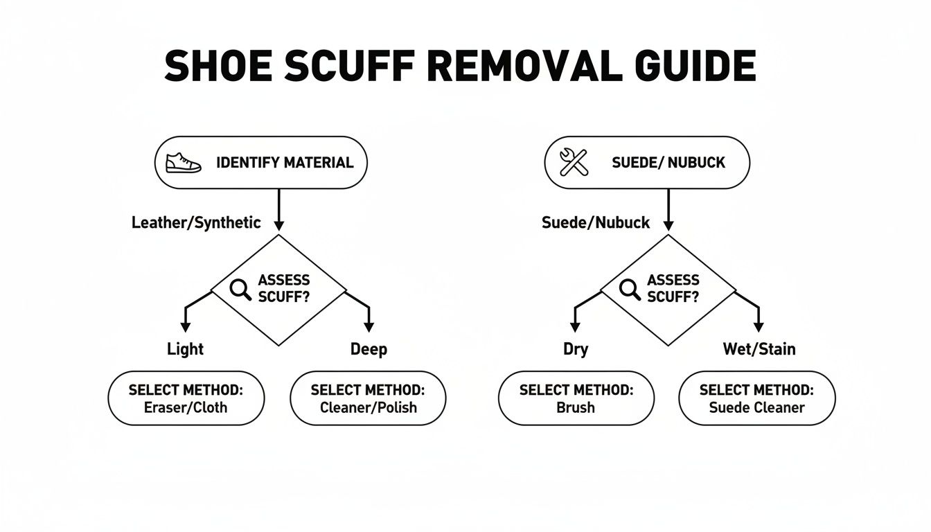 Flowchart for shoe scuff removal, detailing cleaning methods for leather, synthetic, suede, and nubuck materials.