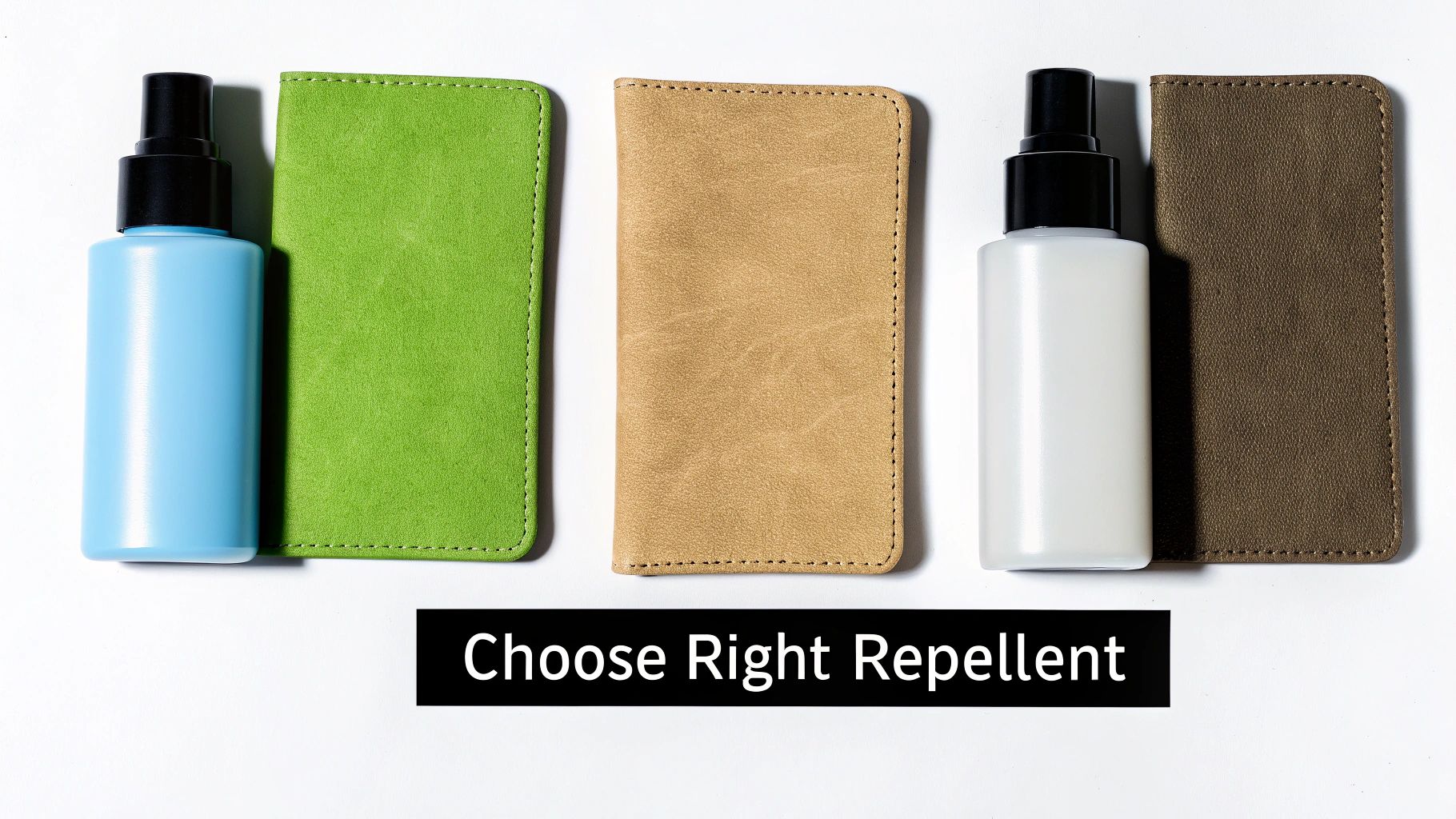 Three pairs of spray bottles and leather swatches in blue/green, tan, and white/dark brown for choosing repellent.