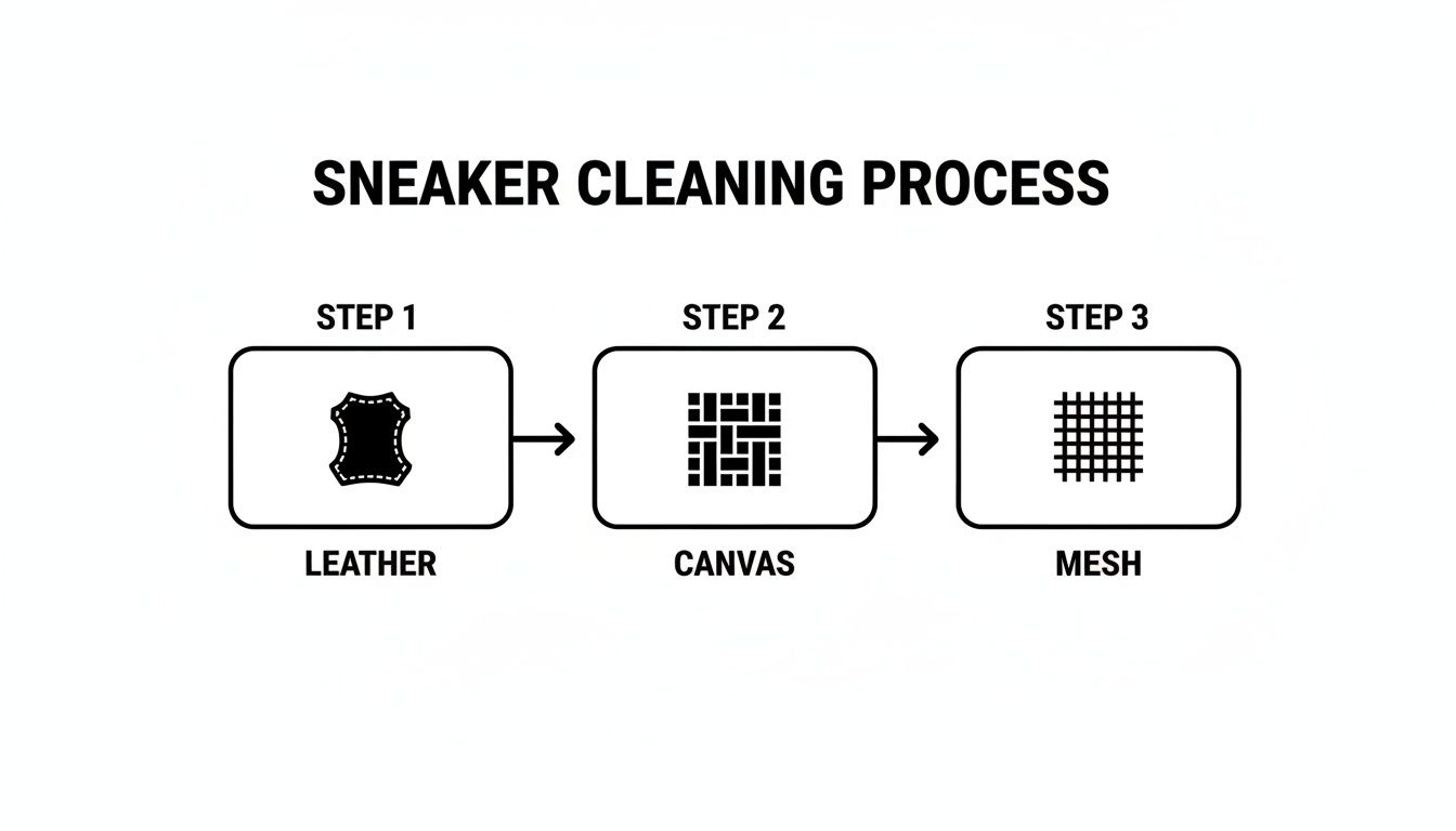 Diagram illustrating the sneaker cleaning process, showing steps for leather, canvas, and mesh materials.