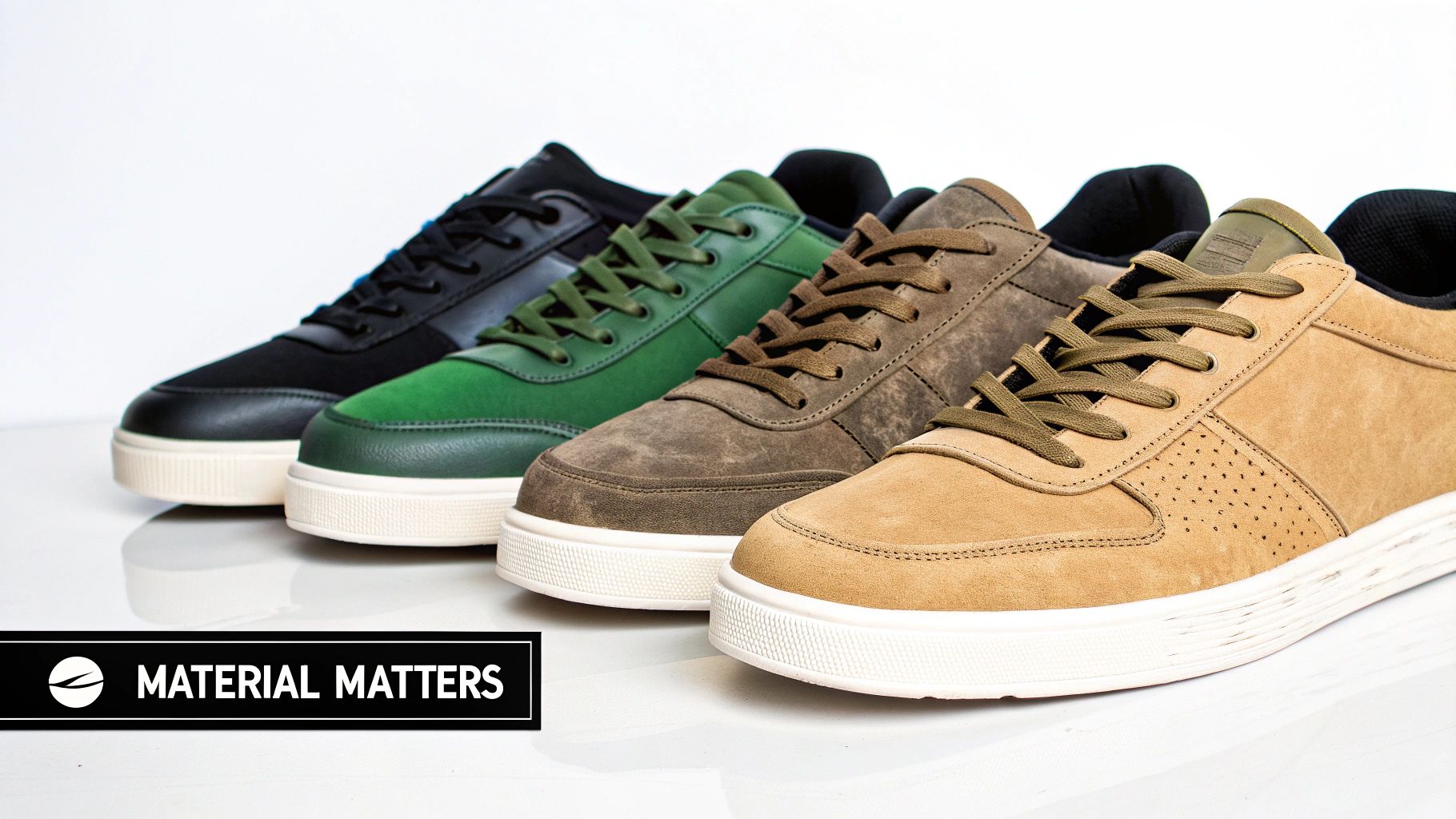 Four stylish pairs of sneakers in black, green, brown, and tan, lined up on a white surface.