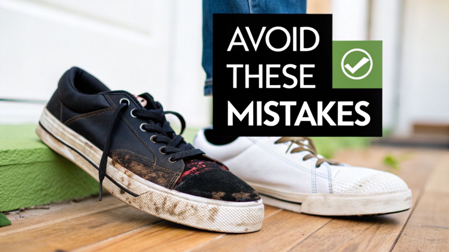 A dirty black shoe next to a cleaner white shoe with text 'AVOID THESE MISTAKES'.