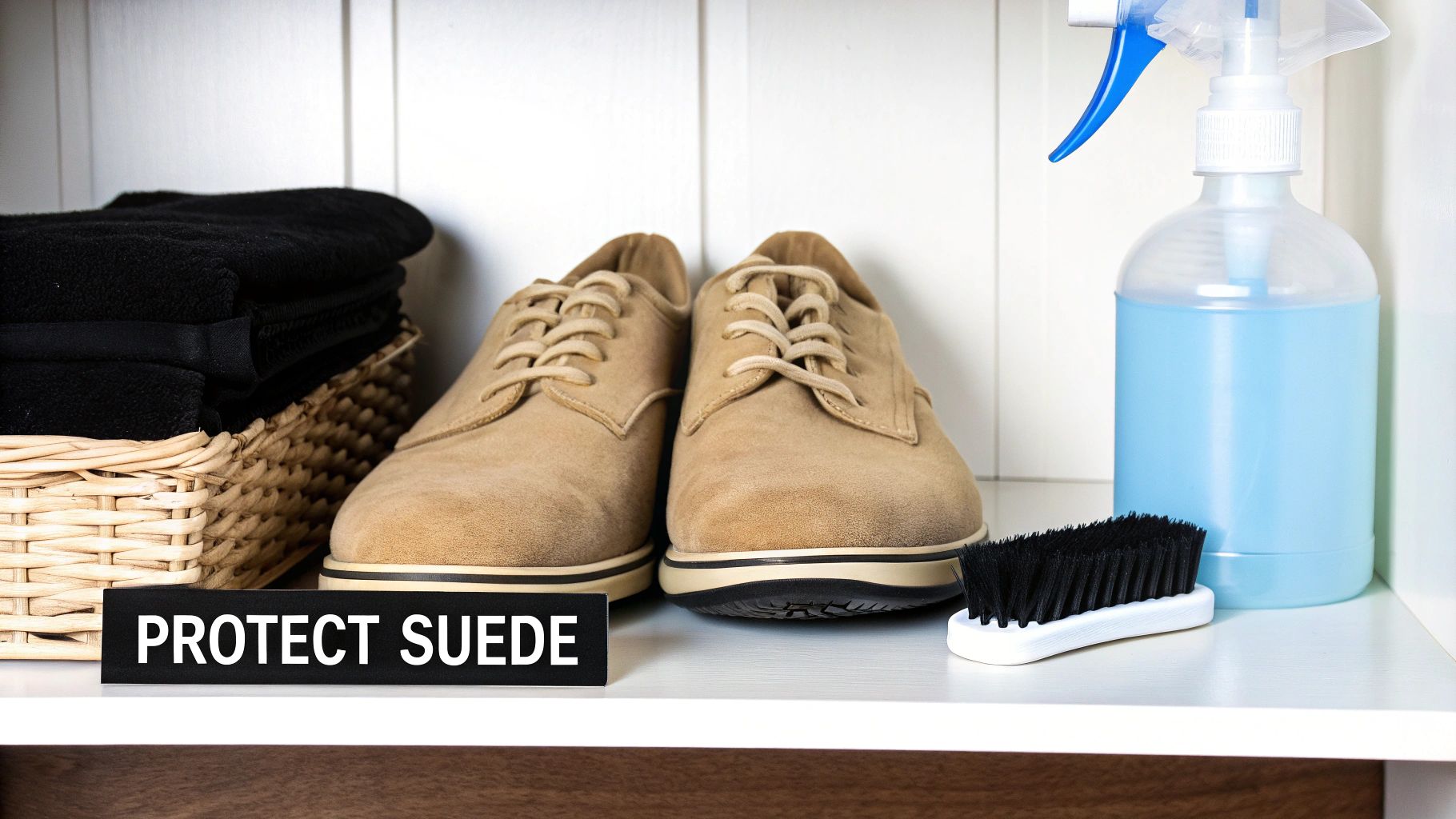 Tan suede shoes, a spray bottle, cleaning brush, and a 'PROTECT SUEDE' sign on a white shelf.