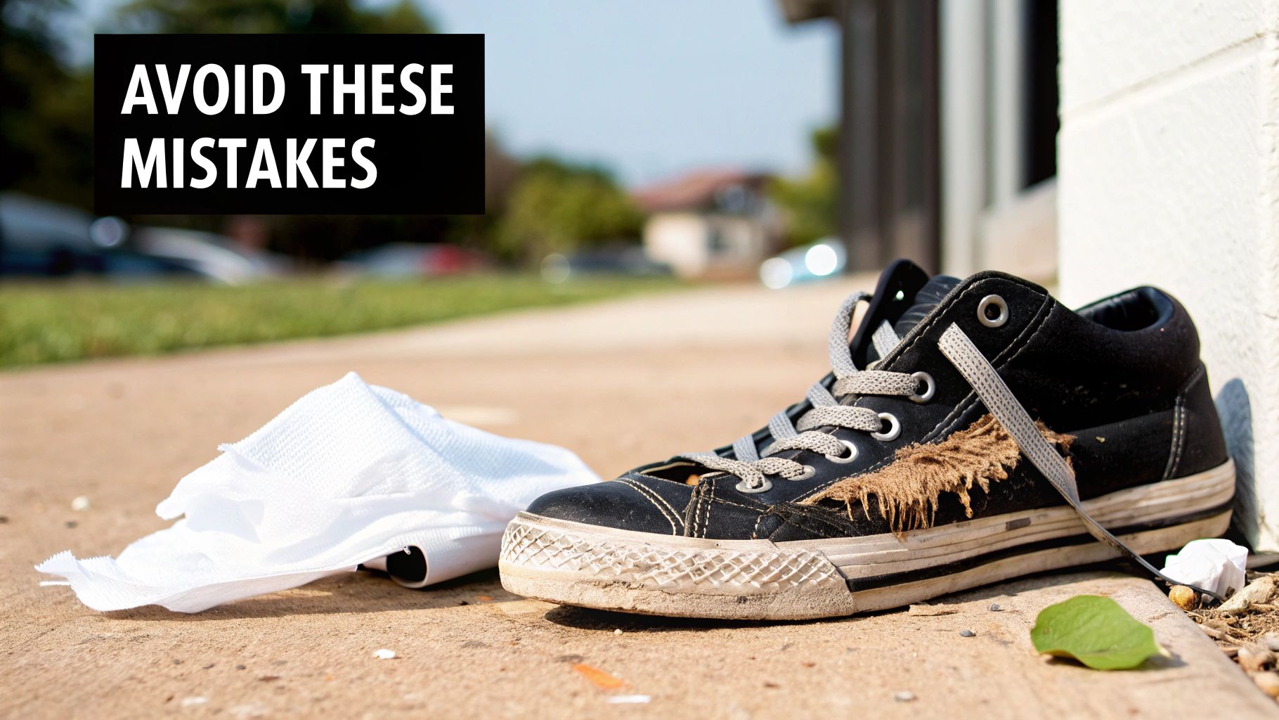 A worn, dirty black sneaker and crumpled white wipe on a sidewalk, with text 'AVOID THESE MISTAKES'.
