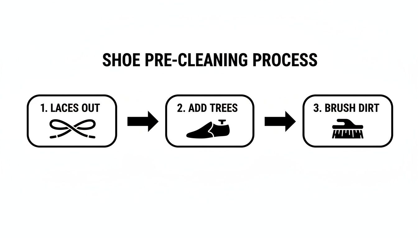 Diagram illustrating three steps for shoe pre-cleaning: remove laces, insert shoe trees, and brush off dirt.