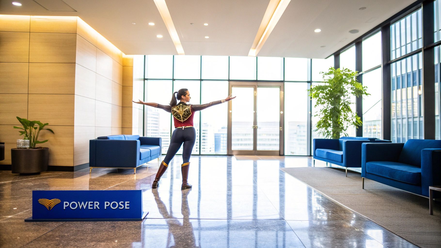 A person practicing a power pose in an office setting