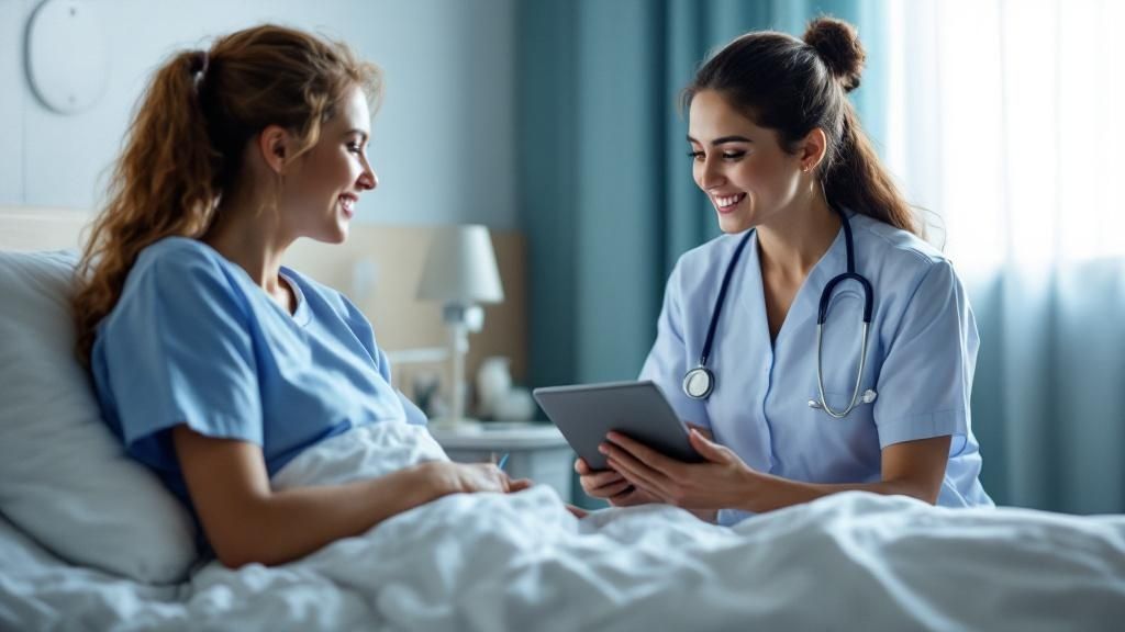 A friendly nurse discussing a care plan with an older patient in a hospital room.