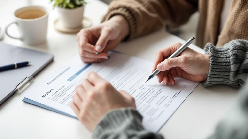 A compassionate healthcare professional explains a document to an elderly patient in their home.