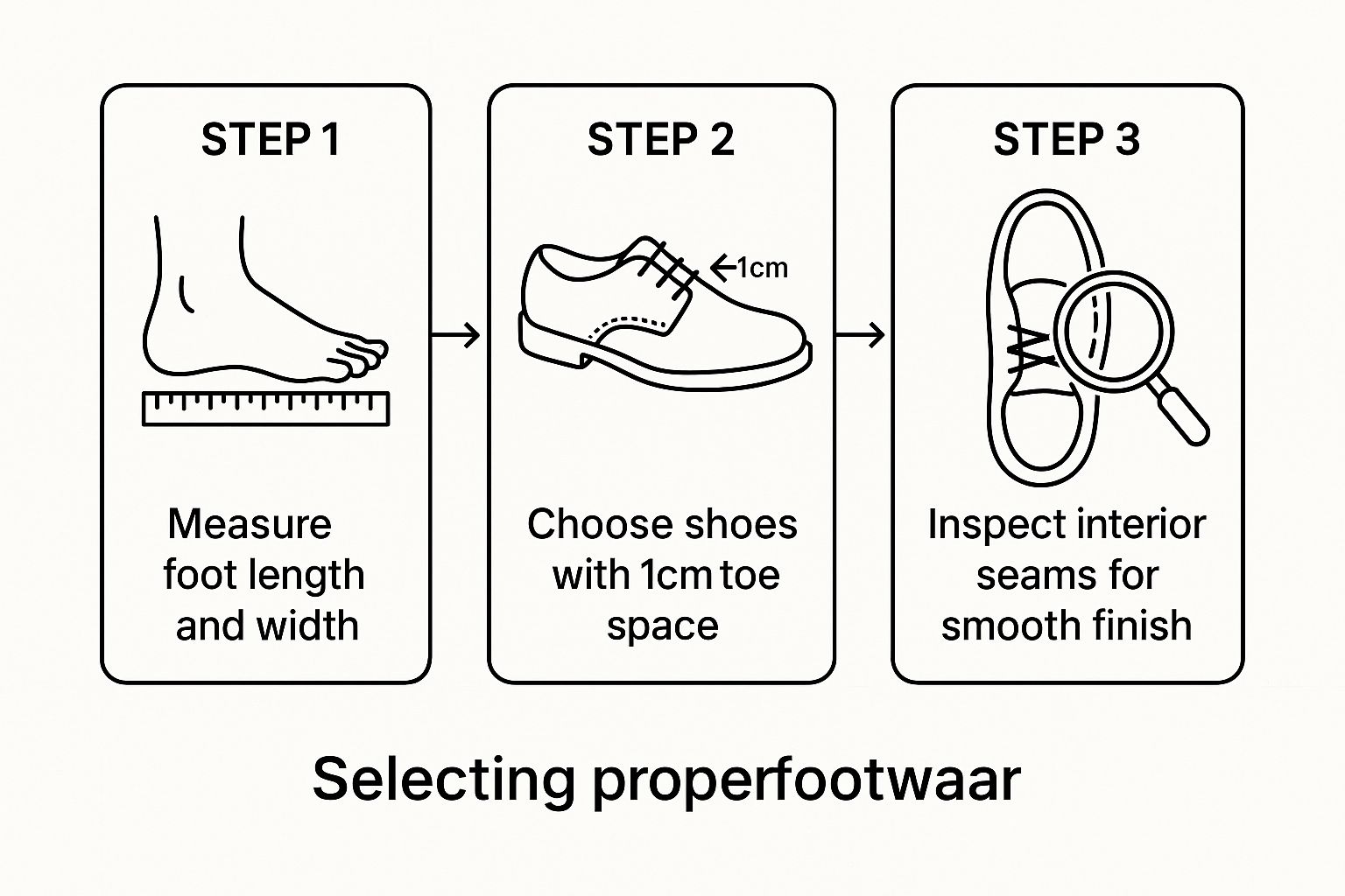 Infographic showing the process of selecting proper footwear with steps for measuring, ensuring toe space, and inspecting seams.