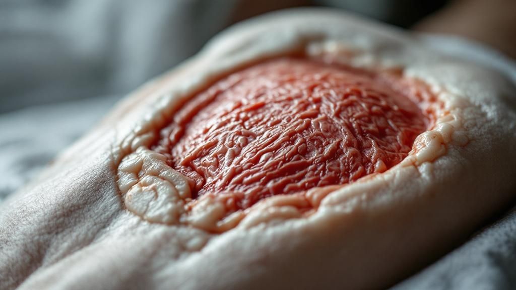 Image of a healthcare professional examining a wound on a patient's heel, demonstrating clinical practice.