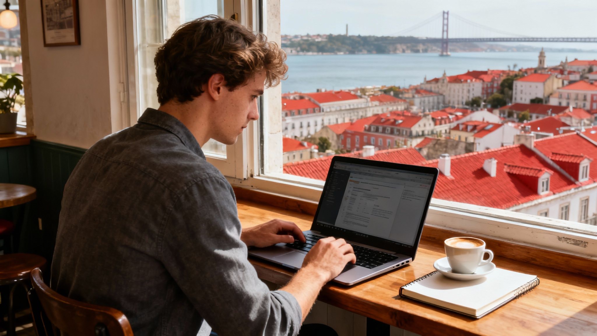 A person working on a laptop with a scenic view of Lisbon, Portugal in the background.