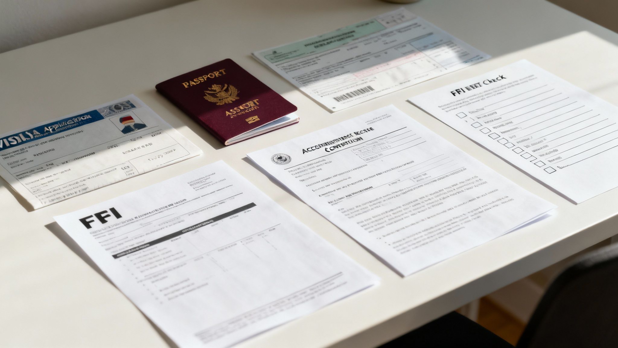 A desk with a passport, visa application forms, a pen, and a laptop, suggesting the process of gathering documents for a Portugal visa application.