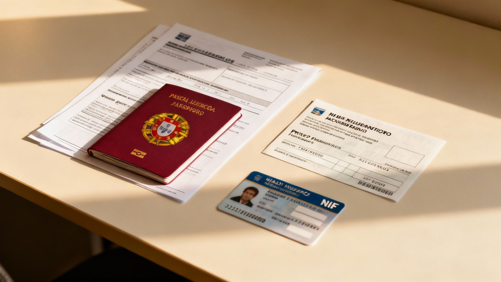 A person organizing documents for their Portugal D8 visa application on a wooden desk.