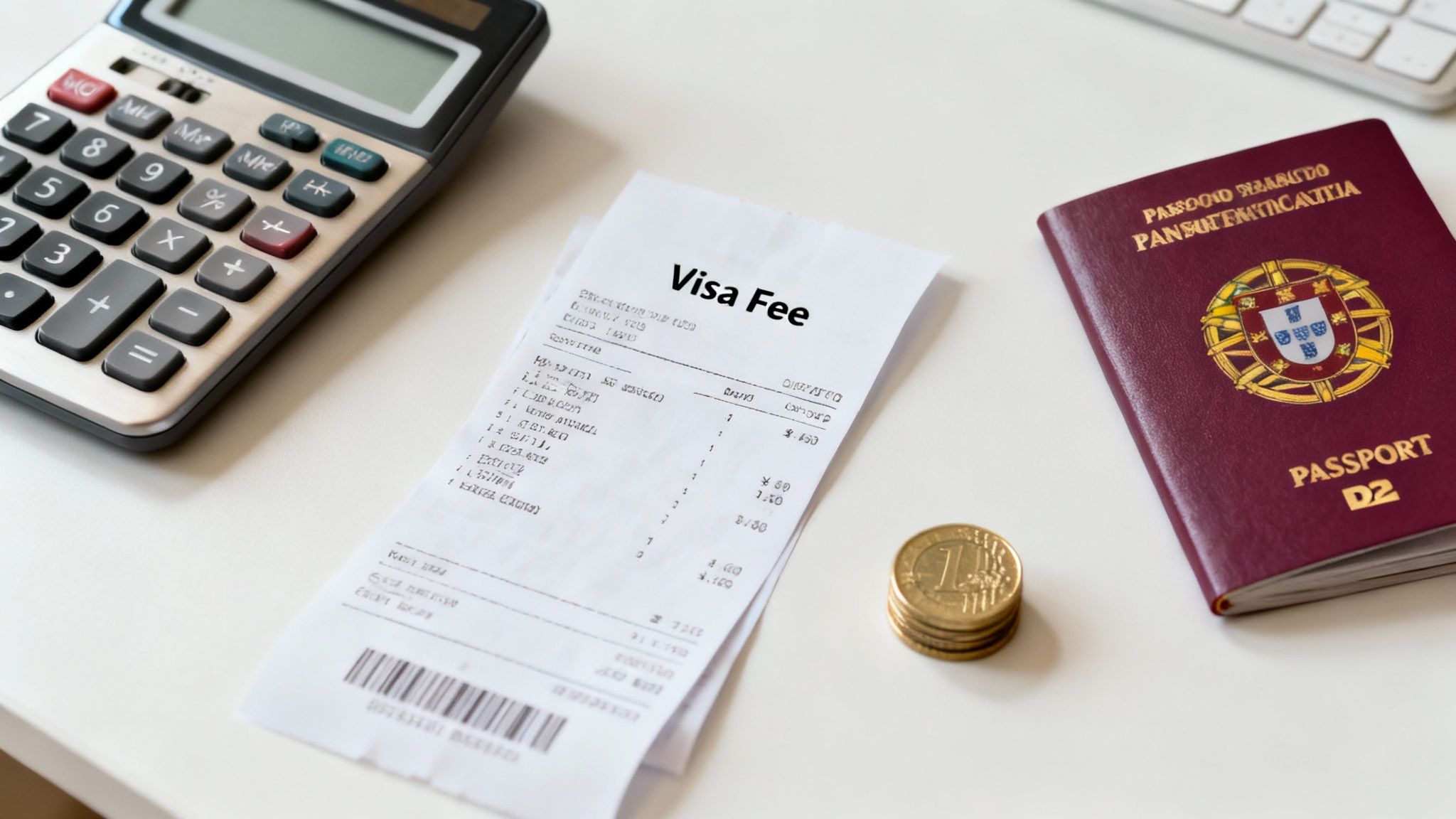 A calculator and pen resting on financial documents, symbolizing the need for careful budgeting for visa fees.