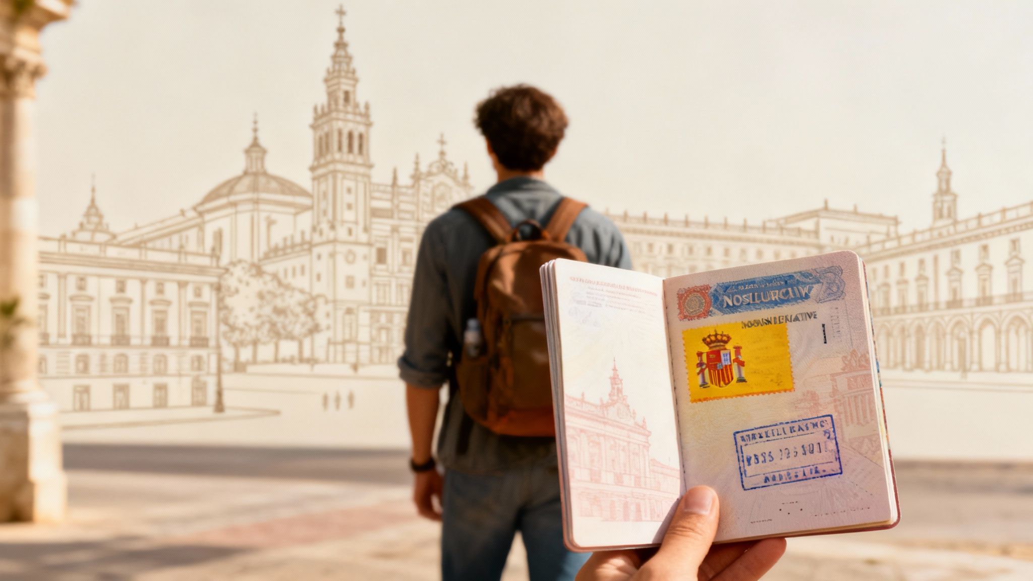 A serene view of a Spanish coastal town with white buildings and calm blue water
