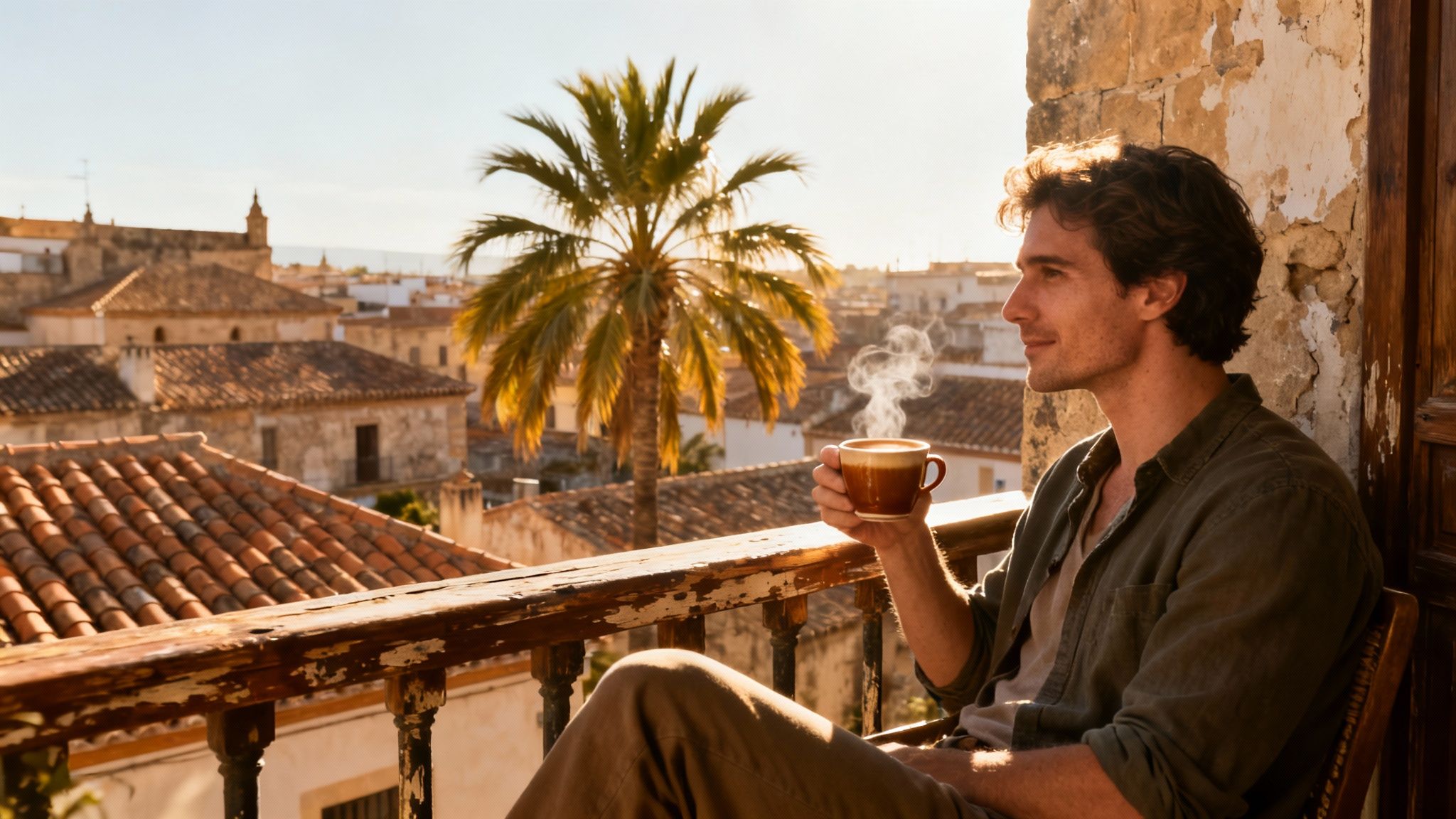 A couple enjoying a meal at an outdoor cafe on a sunny European street