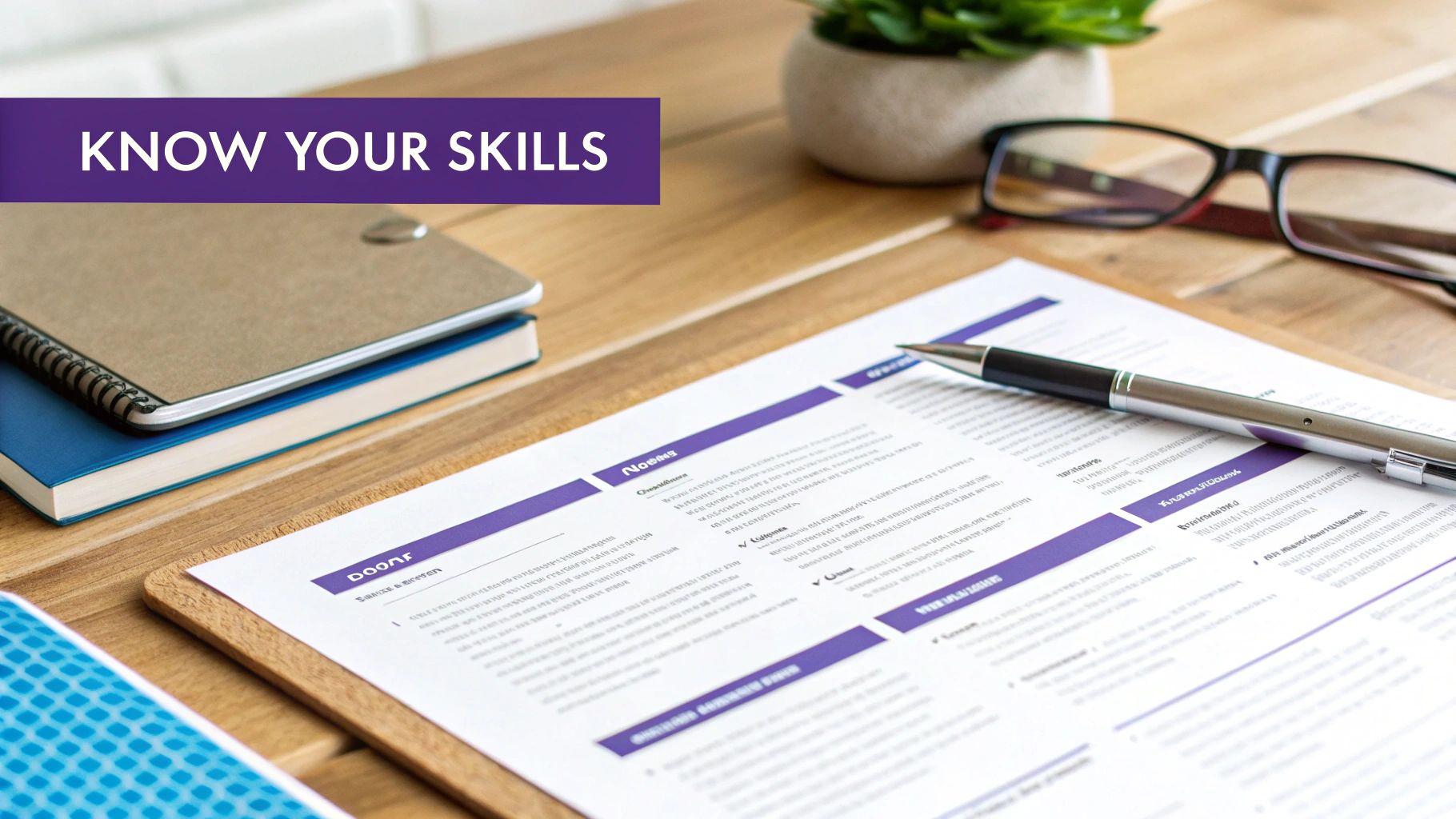Professional resume and documents on wooden desk with purple accents highlighting skills section