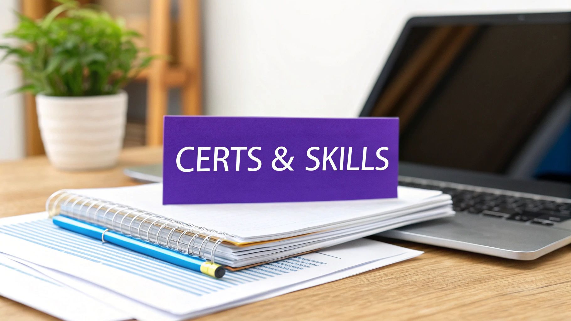 A desk with a purple 'CERTS & SKILLS' sign, notebook, pencil, laptop, and plant, symbolizing career development.