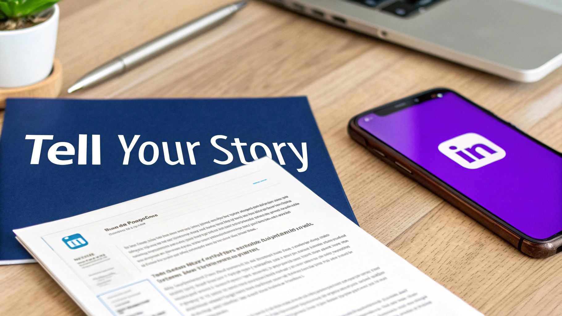 Professional workspace with Tell Your Story branding materials, smartphone displaying logo, and laptop on wooden desk