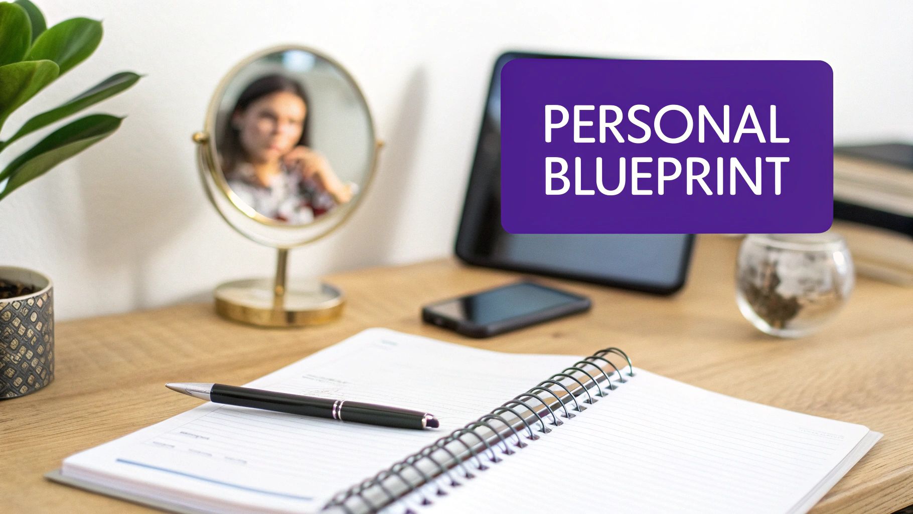 Personal blueprint notebook with pen on wooden desk with mirror and computer monitor